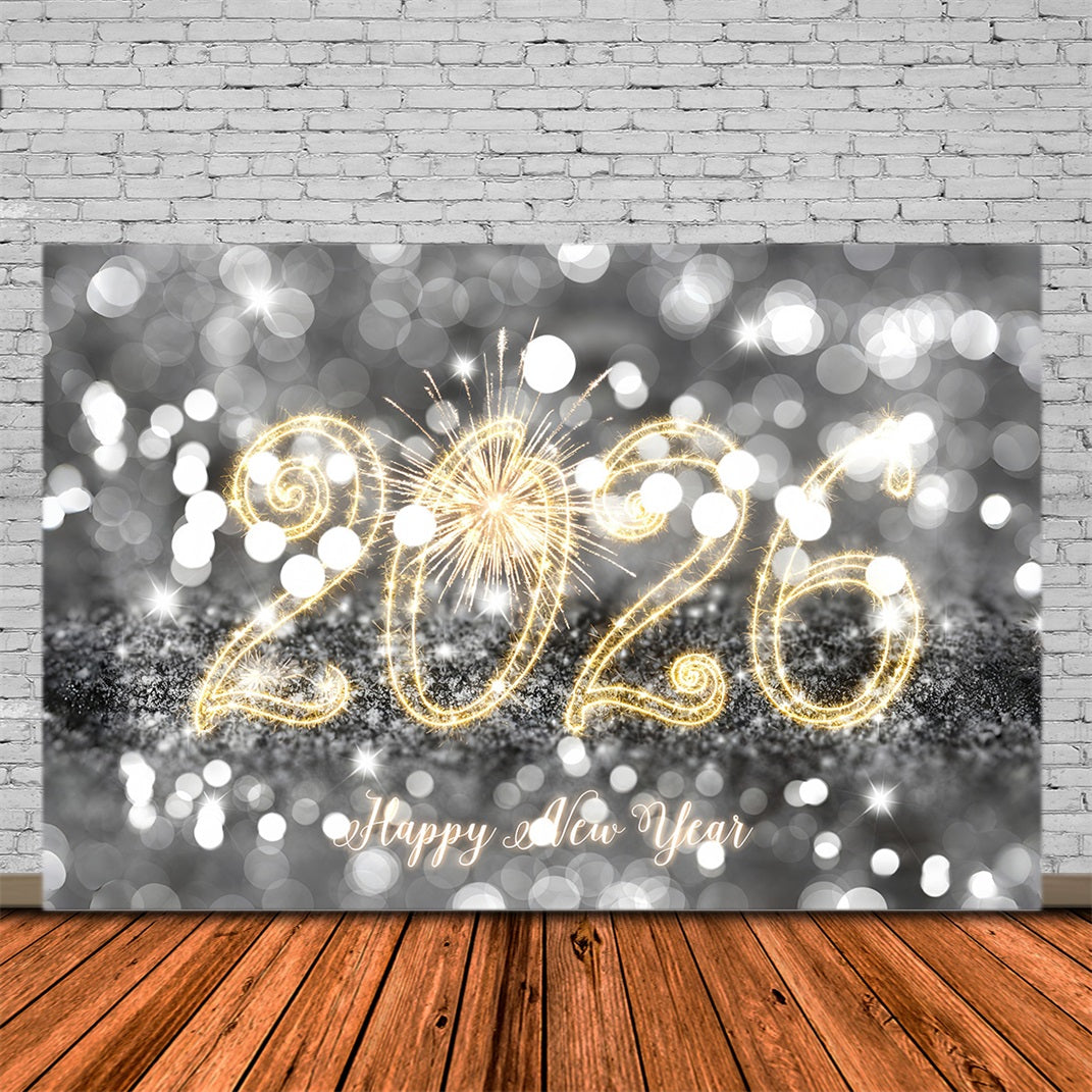 Joyeux Nouvel An 2026 Toile de fond Lumières scintillantes argentées Toile de fond du Nouvel An MRR10-13
