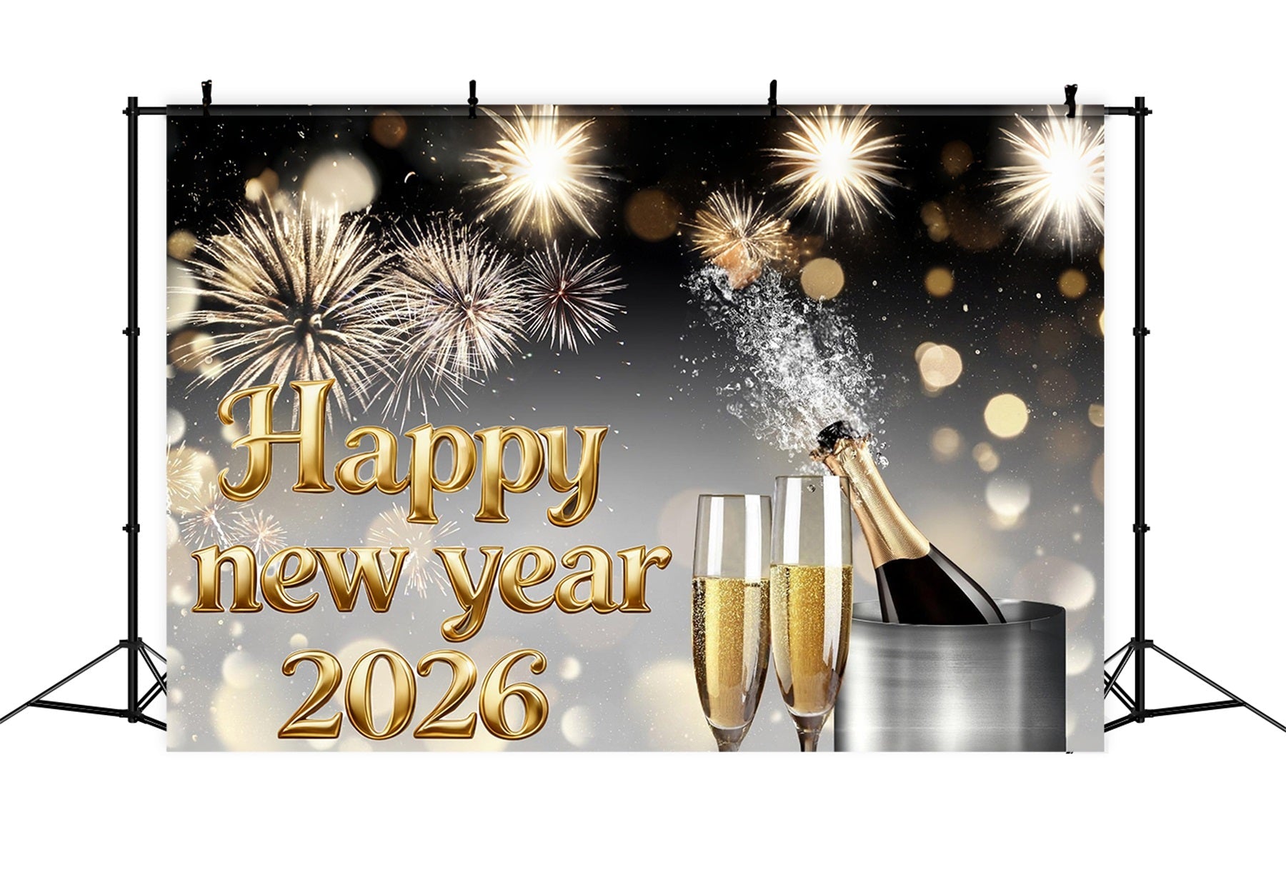 Joyeux Nouvel An 2026 Toile de fond Champagne Feux d'artifice Élégance Toile de fond pour le Nouvel An MRR10-15