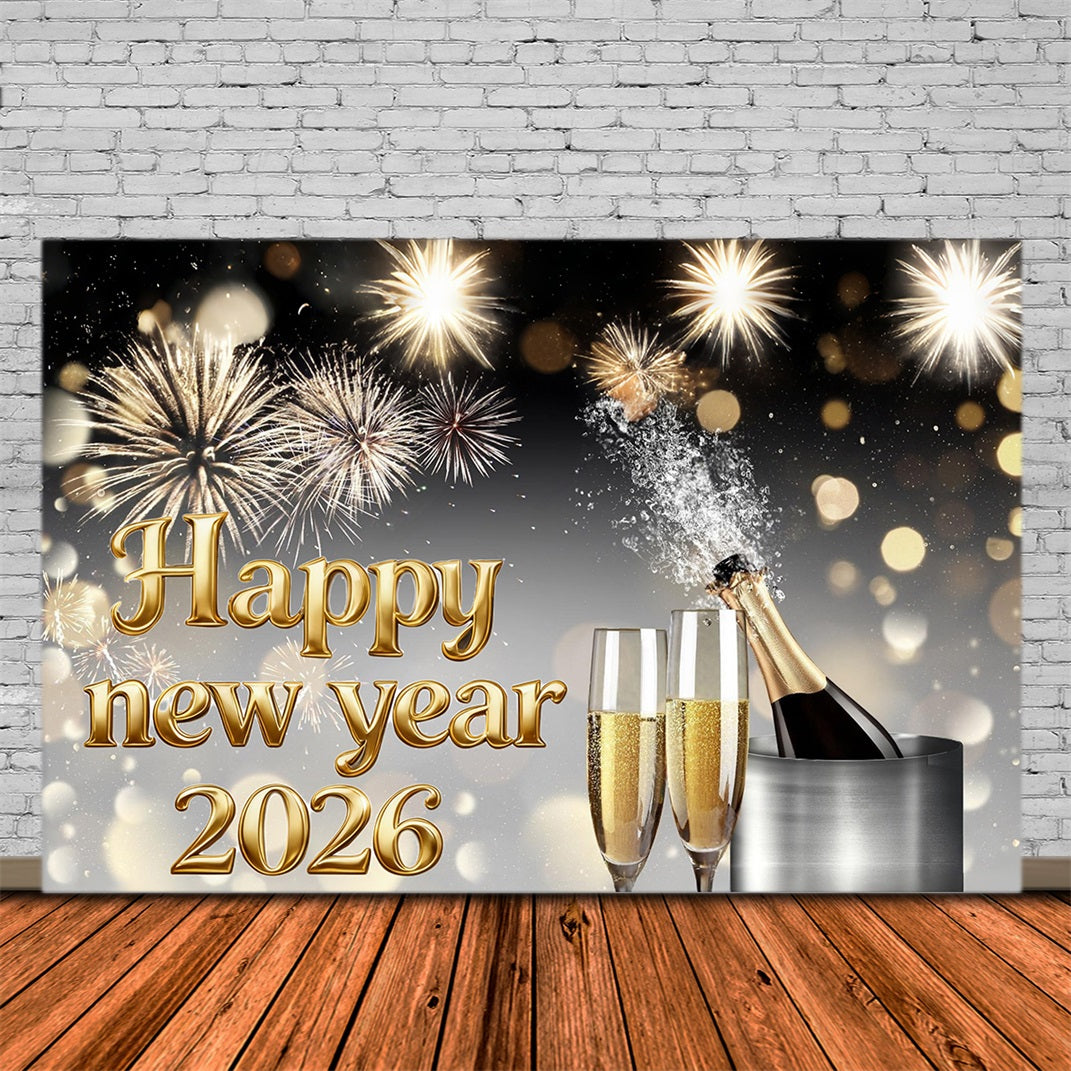Joyeux Nouvel An 2026 Toile de fond Champagne Feux d'artifice Élégance Toile de fond pour le Nouvel An MRR10-15