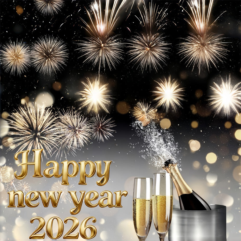 Joyeux Nouvel An 2026 Toile de fond Champagne Feux d'artifice Élégance Toile de fond pour le Nouvel An MRR10-15