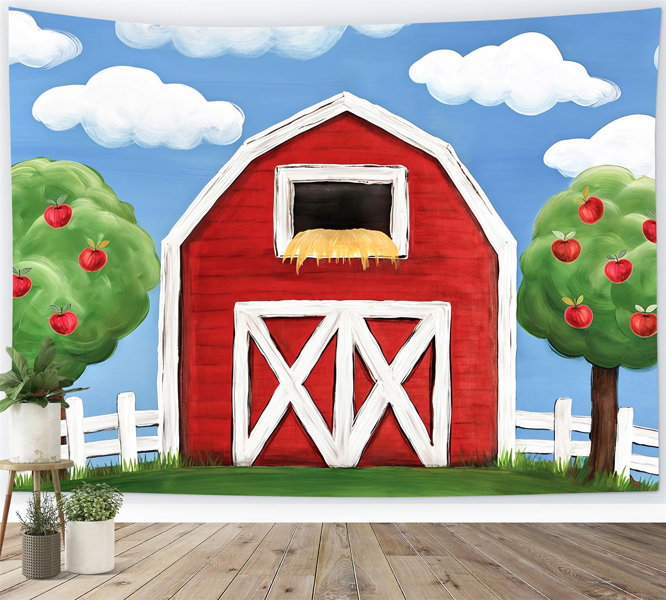 Fond pour cake smash « Grange rouge et pommiers » Fond photo d'anniversaire MRR10-17
