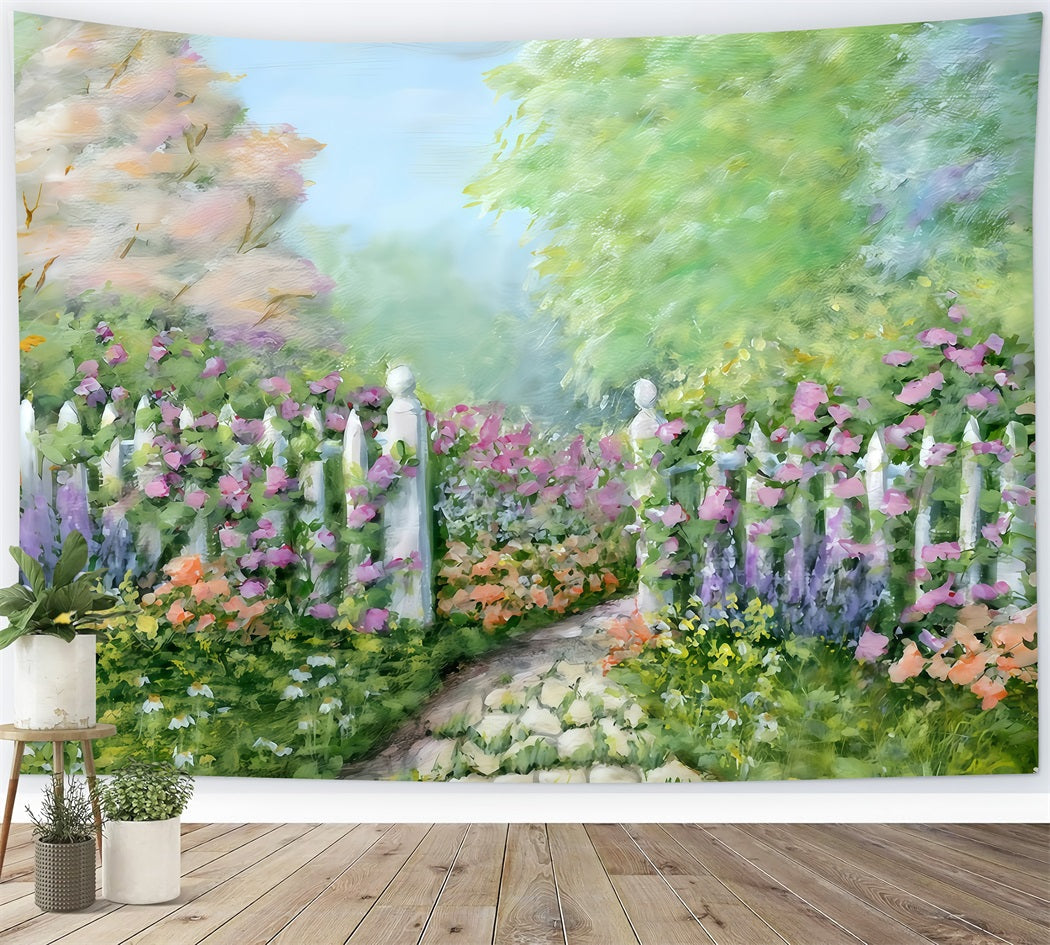 Fond pour nouveau-né Jardin fleuri Clôture blanche Fond photo pour enfants MRR10-20
