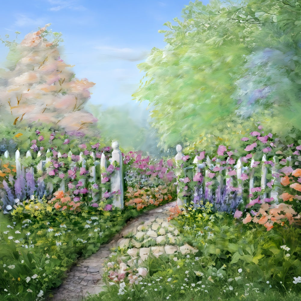 Fond pour nouveau-né Jardin fleuri Clôture blanche Fond photo pour enfants MRR10-20