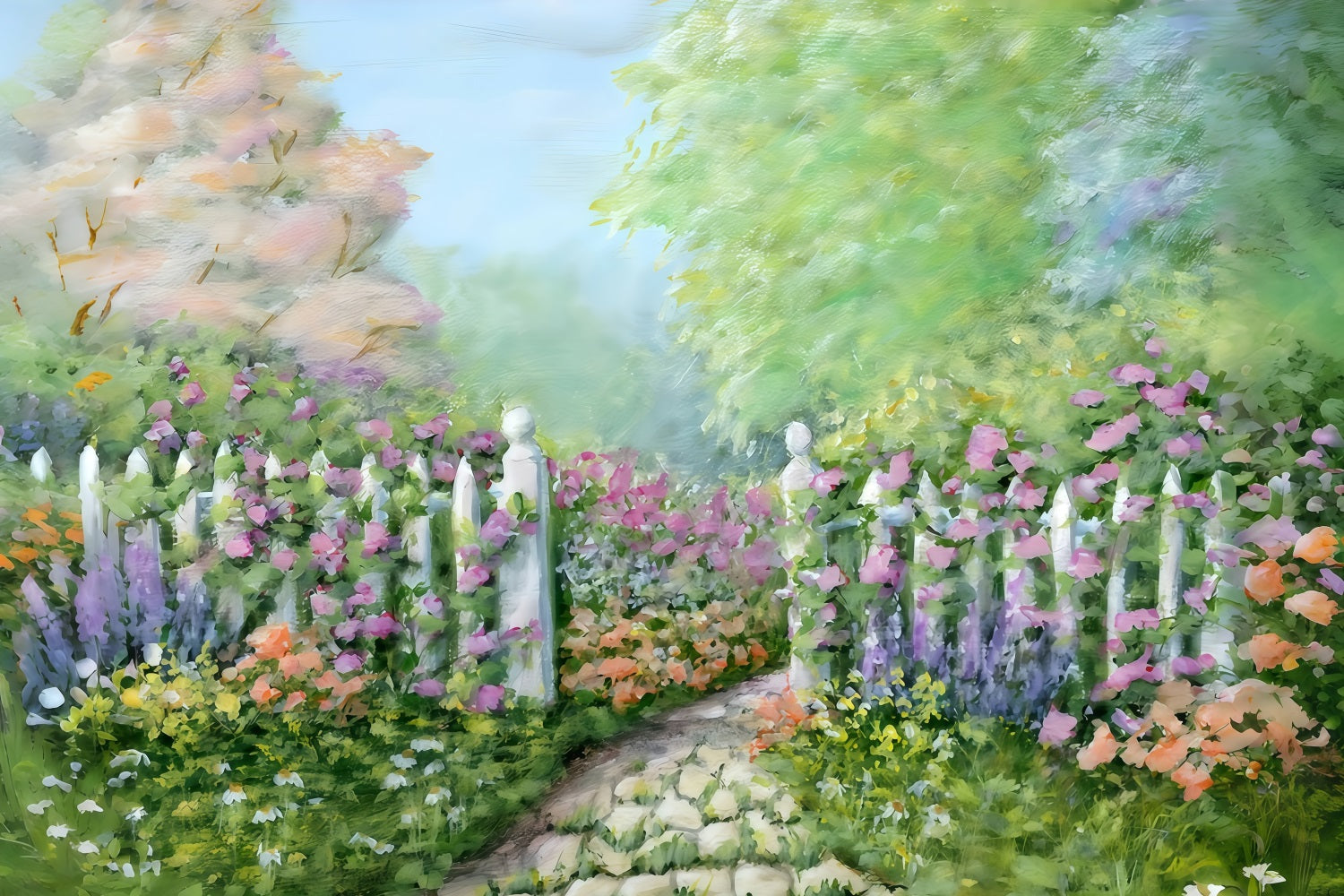 Fond pour nouveau-né Jardin fleuri Clôture blanche Fond photo pour enfants MRR10-20