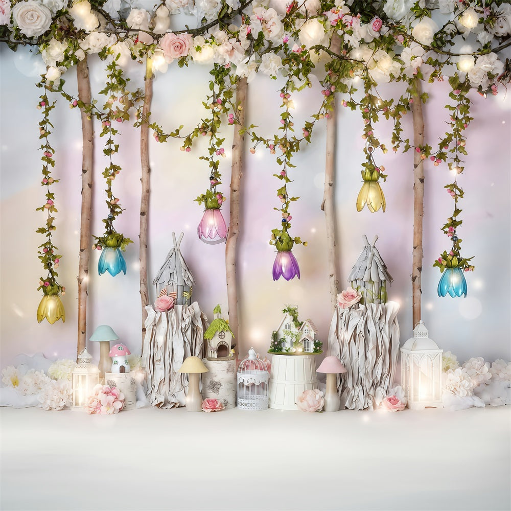 Fond photo pour enfants Cottage de conte de fées Fleurs Fond pour nouveau-nés MRR10-25