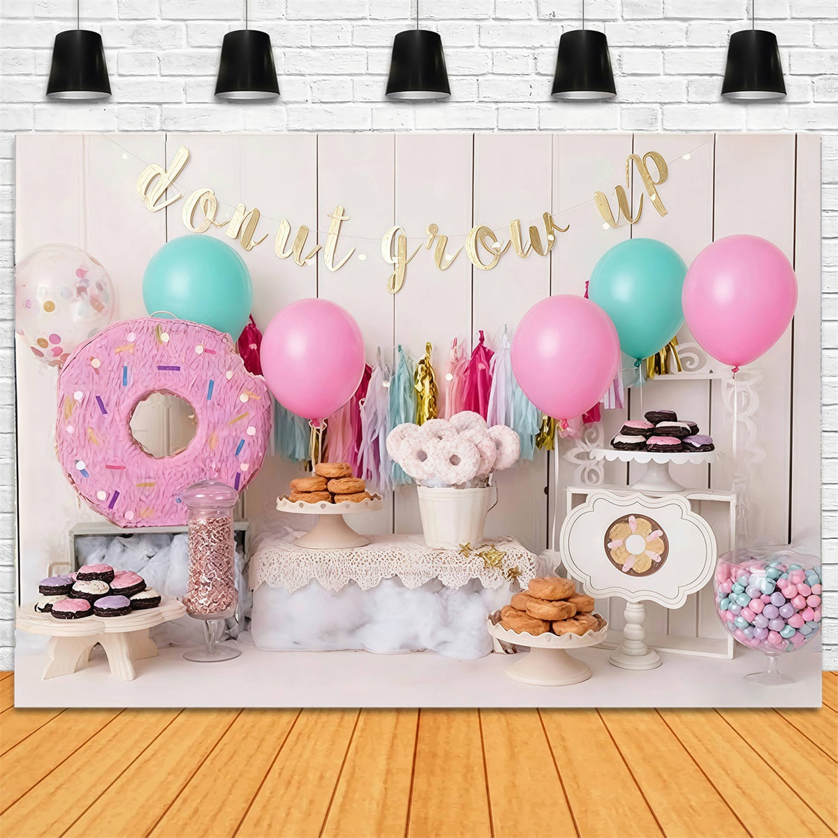 Fond d'anniversaire Fond de fête sur le thème des beignets Fond pour gâteau d'anniversaire MRR10-30