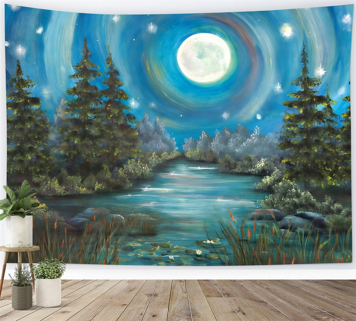 Fond forêt Fond photo pour nouveau-né Forêt au clair de lune et rivière MRR10-33