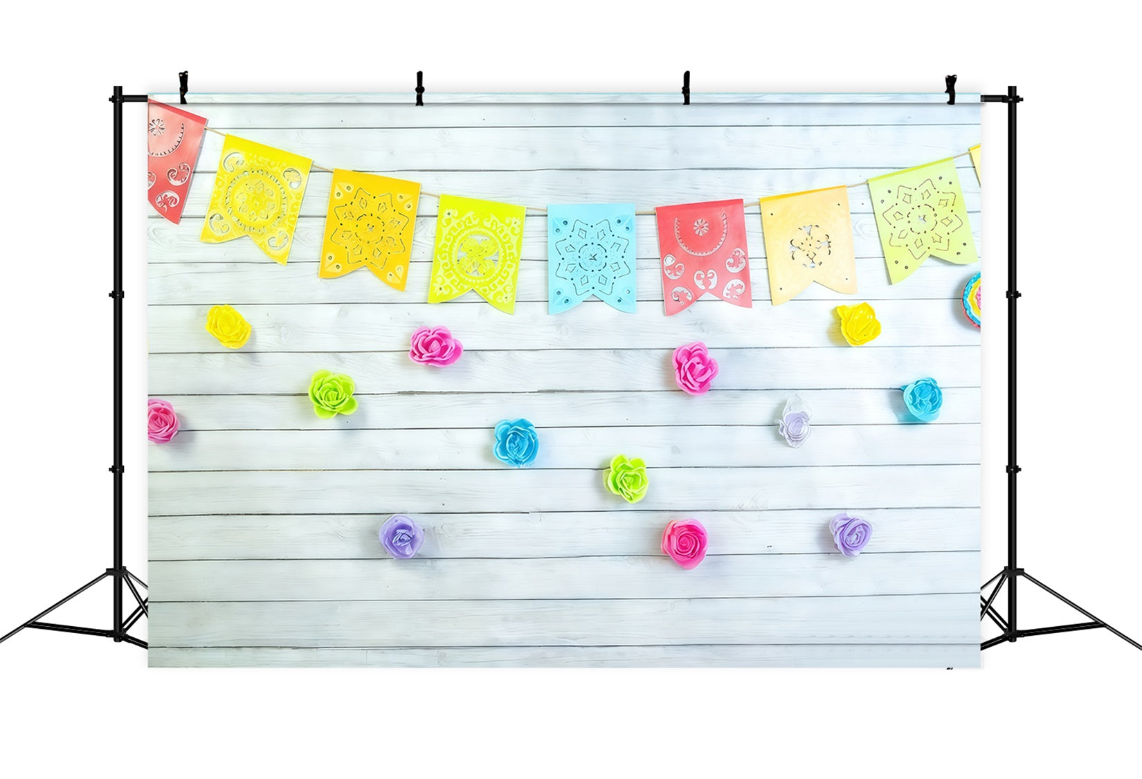 Fond pour 1er anniversaire Guirlandes florales colorées Drapeaux Fond pour cake smash MRR10-46