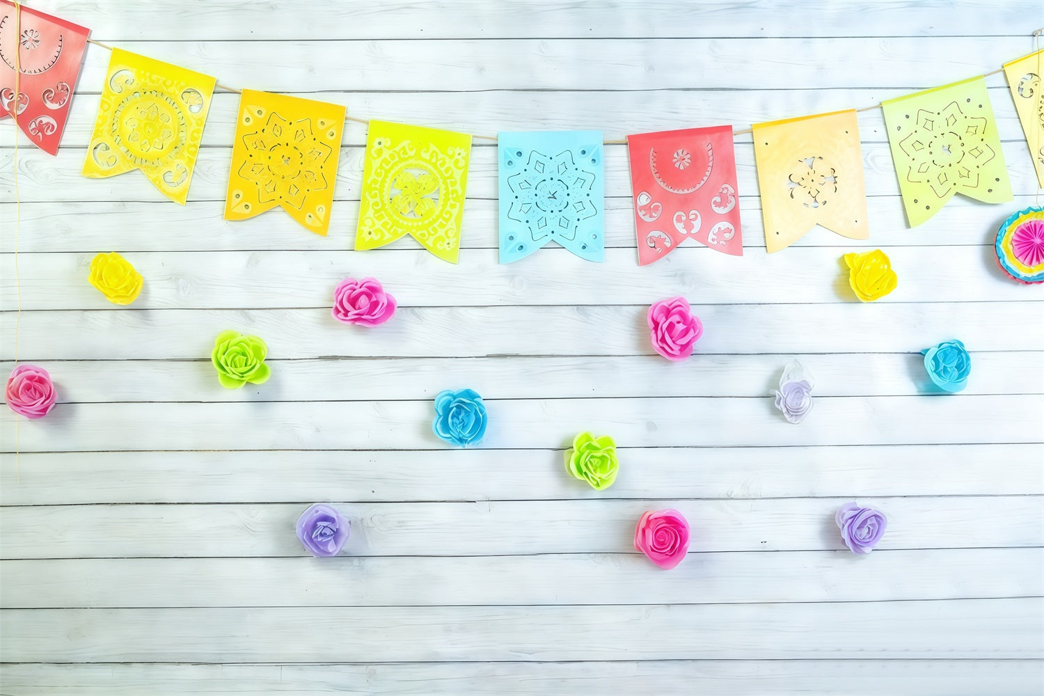 Fond pour 1er anniversaire Guirlandes florales colorées Drapeaux Fond pour cake smash MRR10-46