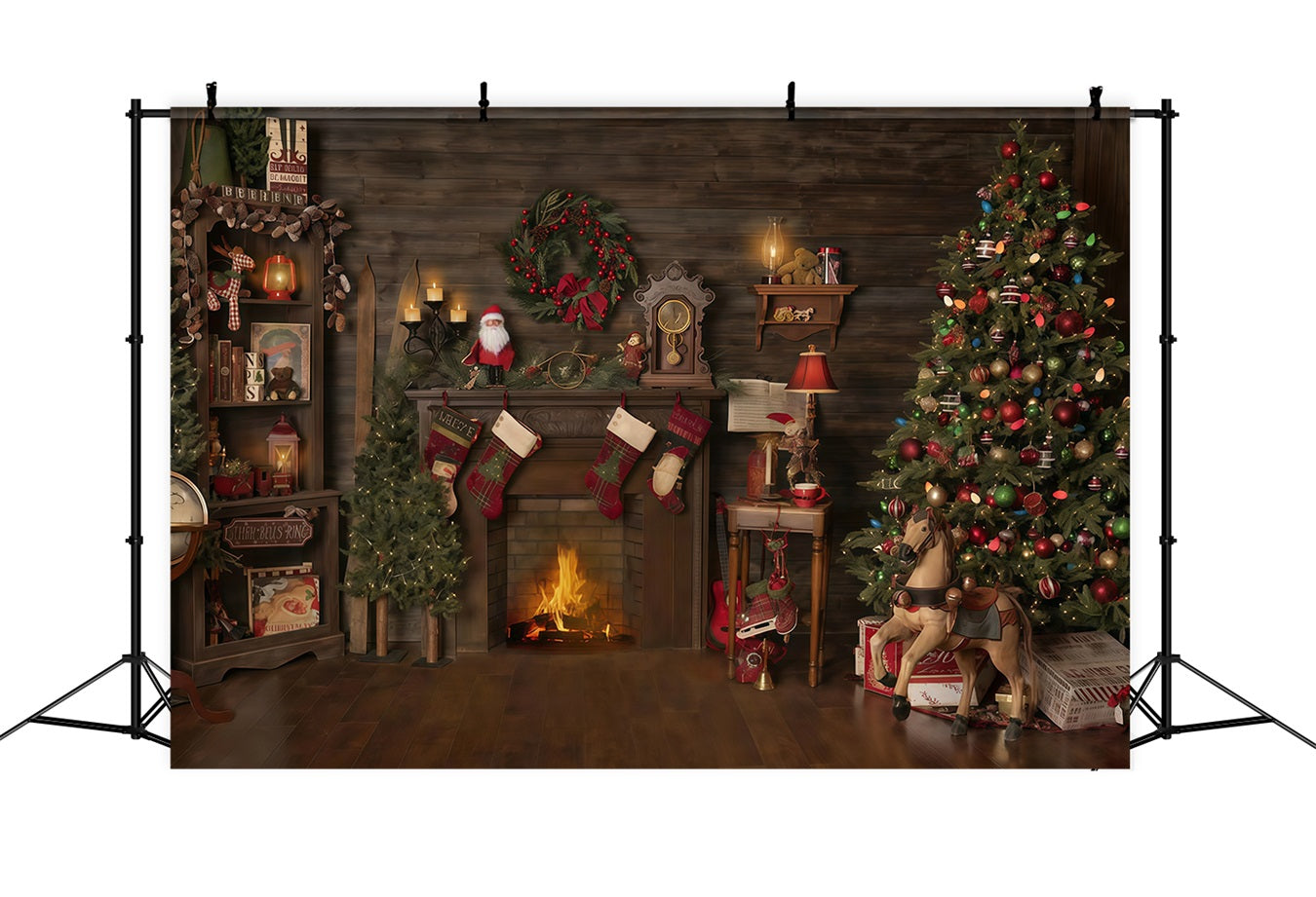 Fond de Noël Maison en bois Cheminée Chaussettes Fond photo de Noël MRR10-52