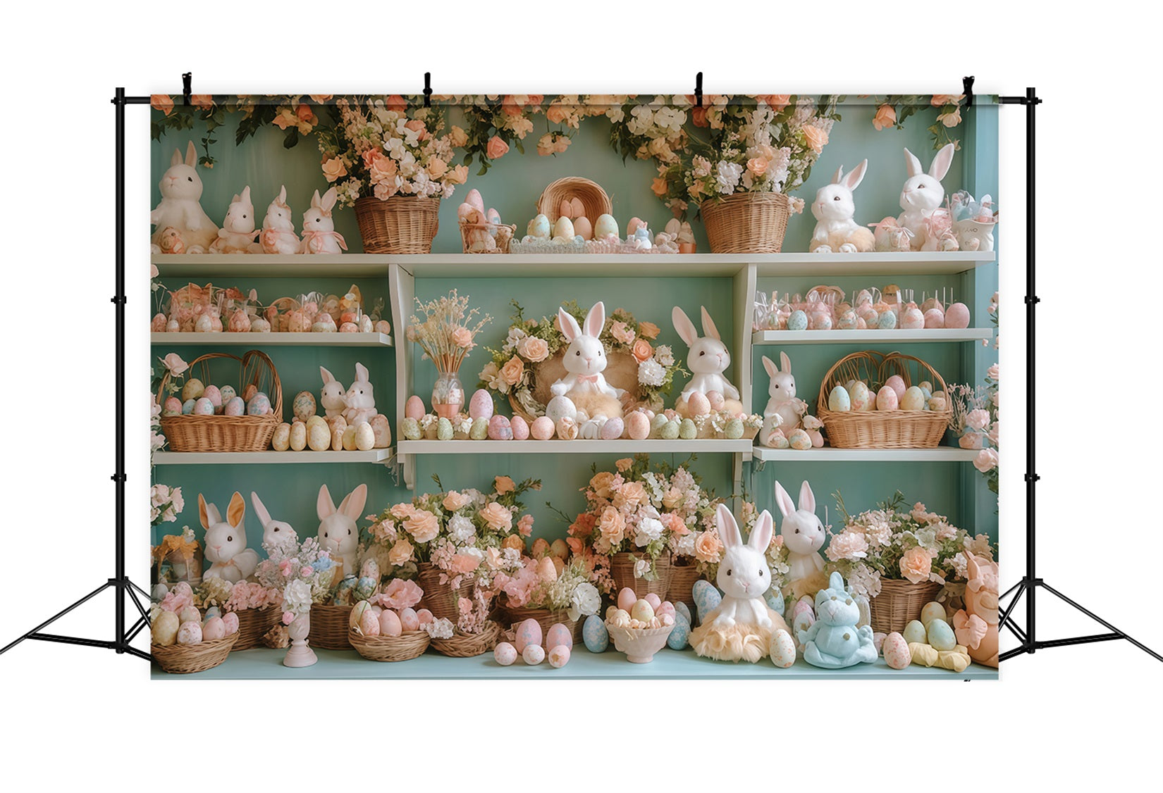 Toile de fond lapin de Pâques Composition florale sur étagère Toiles de fond de Pâques MRR11-73