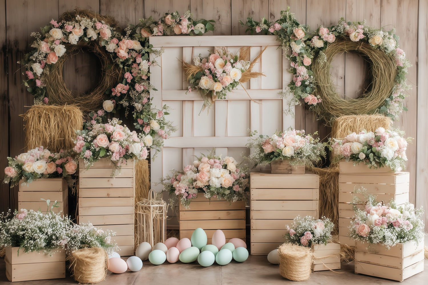 Fond avec œufs de Pâques et composition florale rustique Fonds photo de Pâques MRR11-75