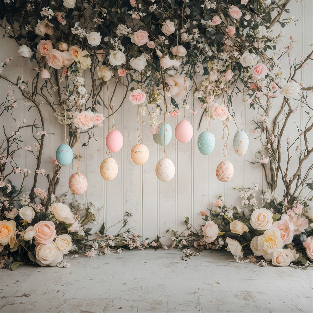 Fond avec œufs de Pâques suspendus et fleurs pastel Idées de fonds de Pâques MRR11-76