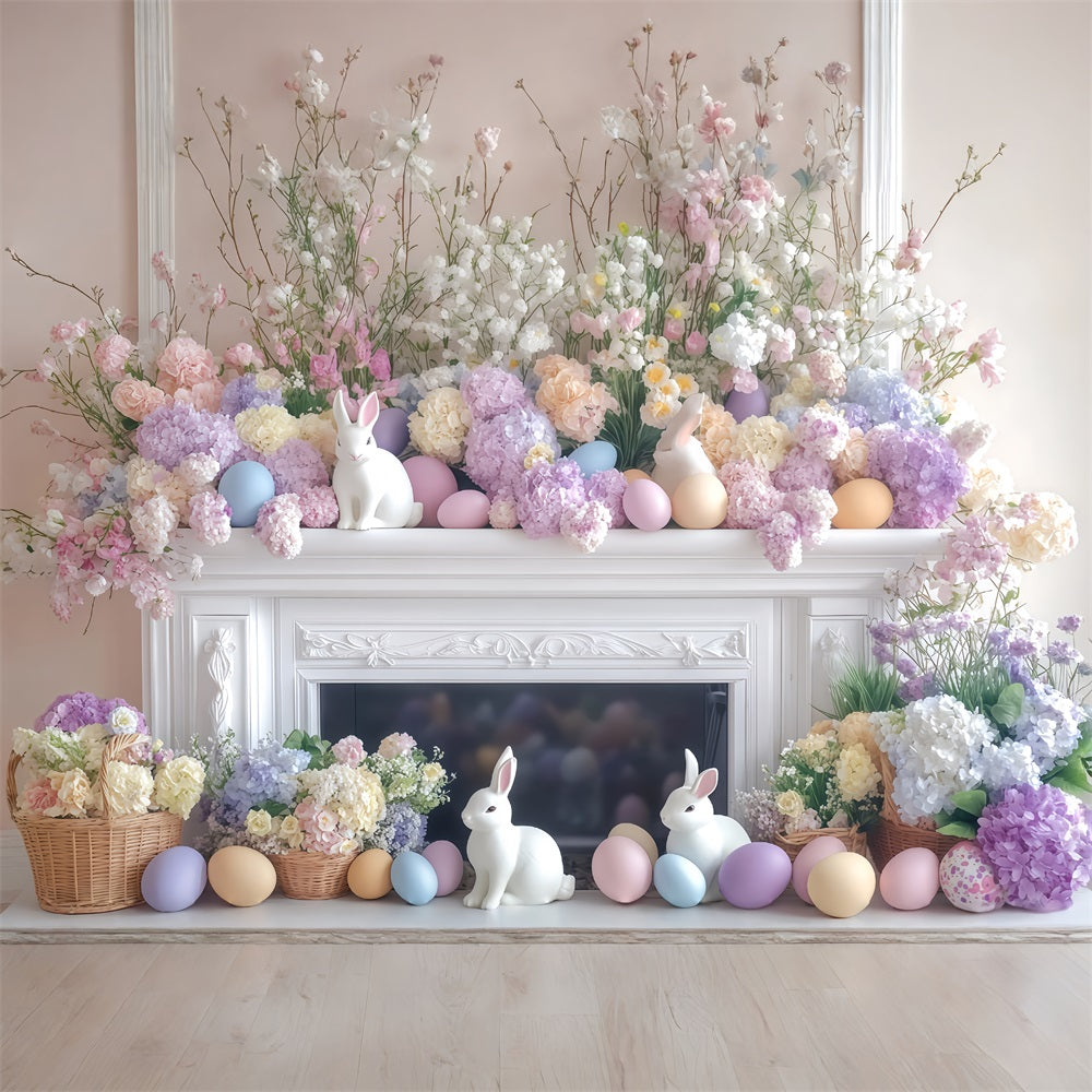 Fond pour photos avec lapin de Pâques Fond avec cheminée décorée de fleurs pastel MRR11-82
