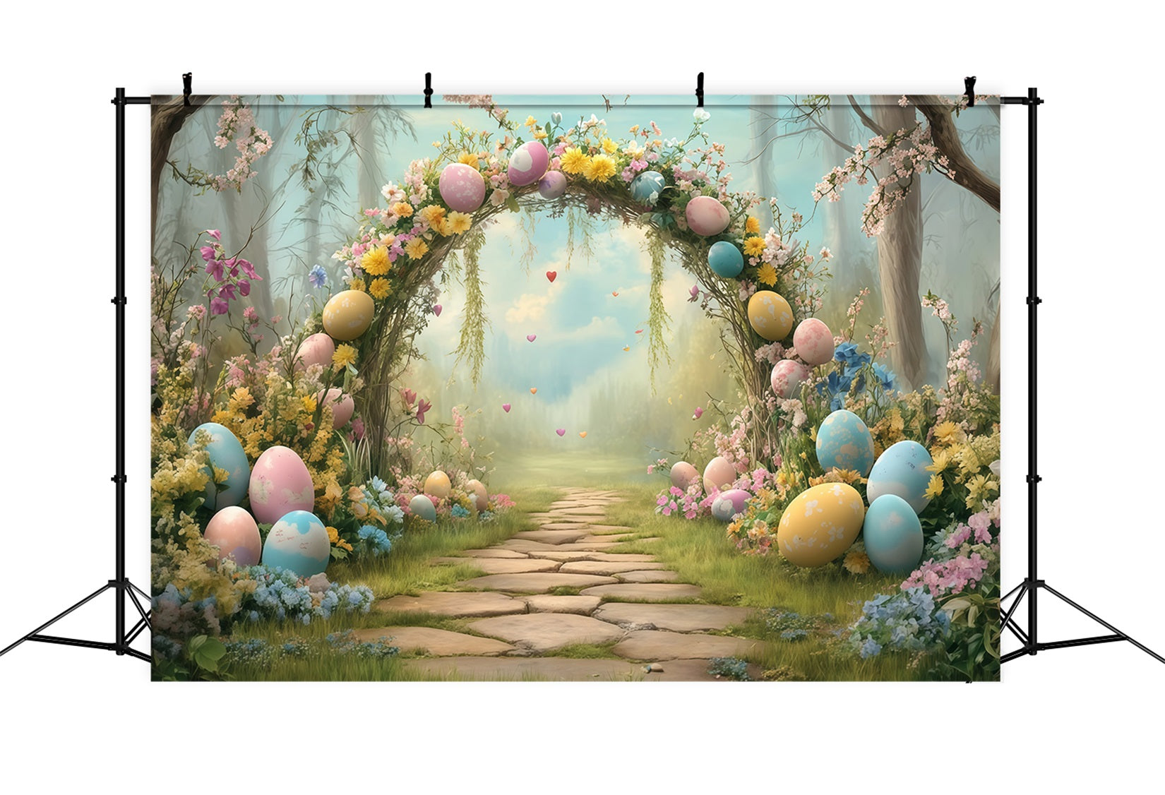 Fond pour photos de Pâques avec lapin dans une tente dans la forêt Idées de fonds pour Pâques MRR11-84