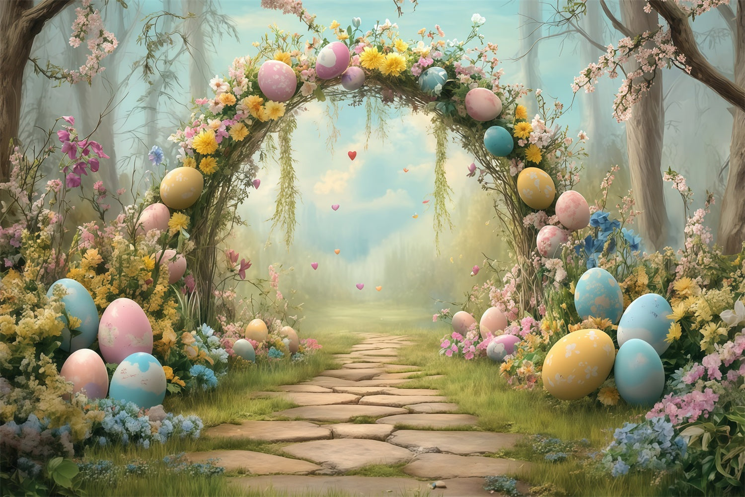 Fond pour photos de Pâques avec lapin dans une tente dans la forêt Idées de fonds pour Pâques MRR11-84