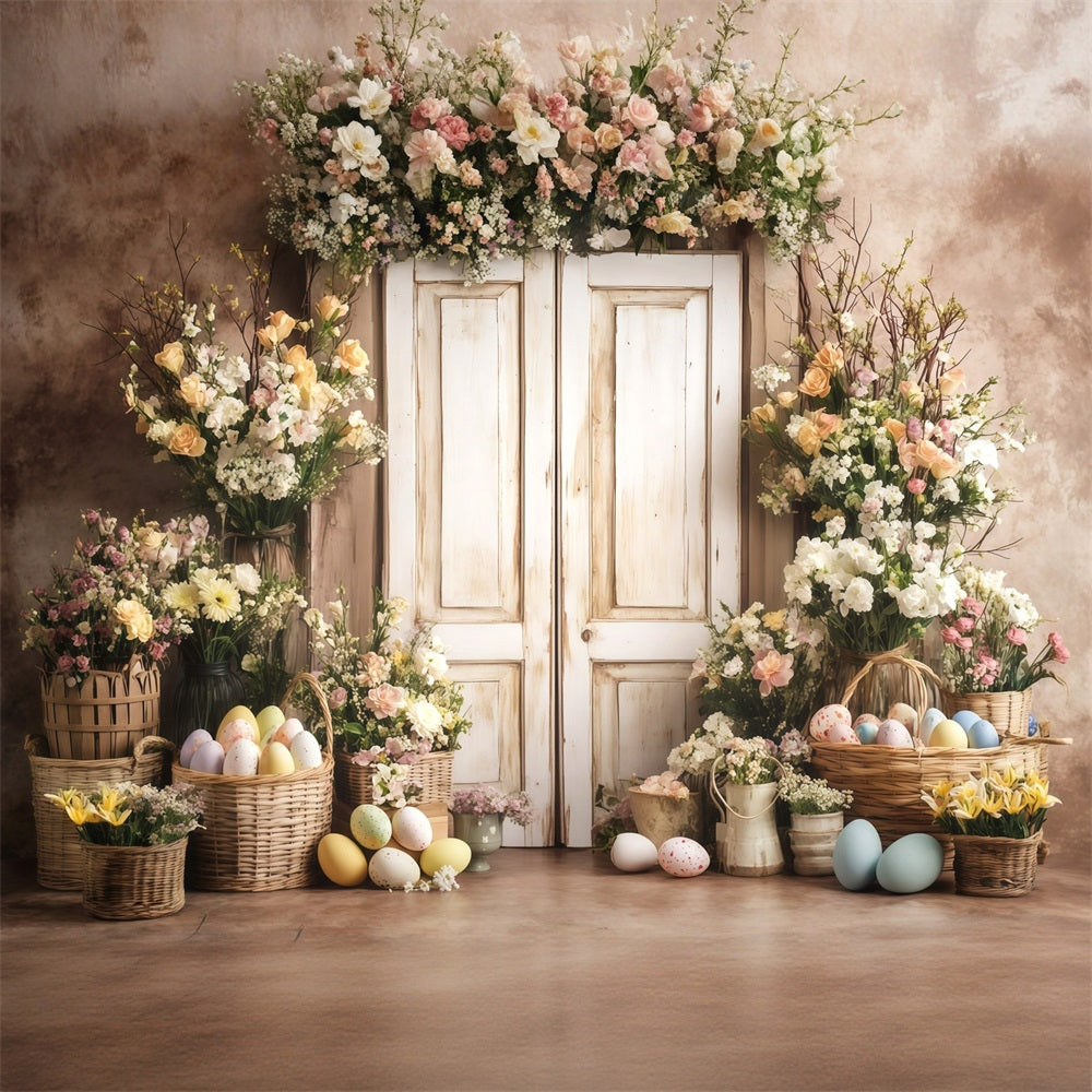 Idées de toiles de fond pour Pâques Toile de fond avec lapins sur cheminée fleurie MRR11-86