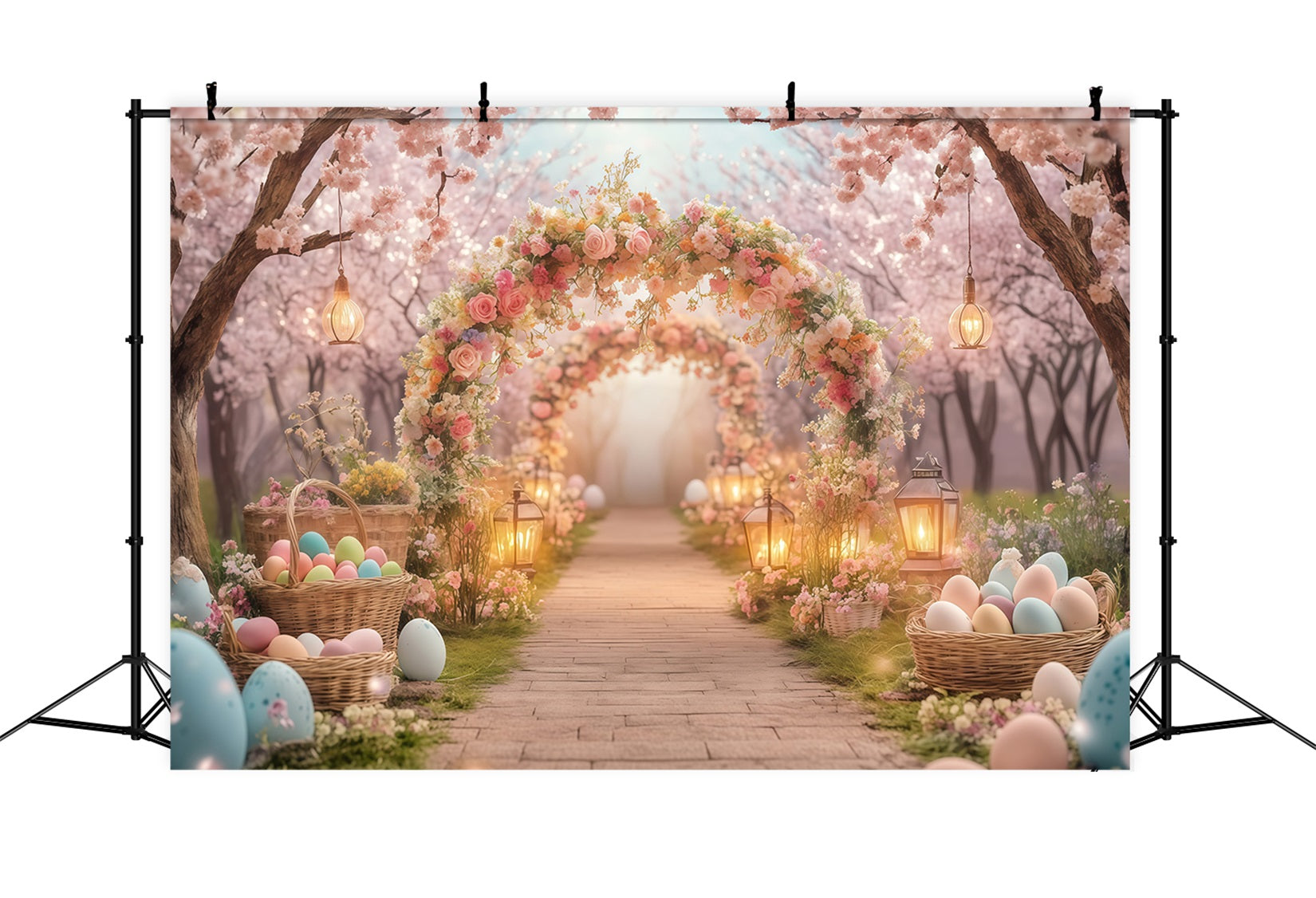 Toile de fond pour chasse aux œufs Toile de fond avec arche florale dans un jardin de montagne MRR11-87