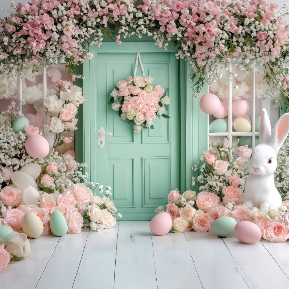 Fond de Pâques Lapin Aménagement de lapin dans un cottage avec jardin Fond pour œufs de Pâques MRR11-89