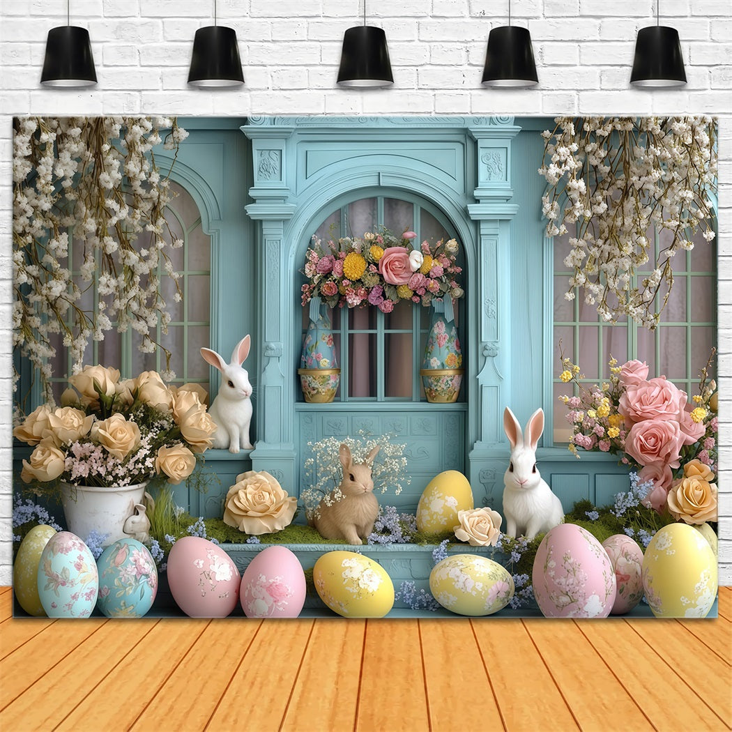 Fonds pour photos de Pâques Cottage rustique avec tulipes et porte Fond avec lapin MRR11-92