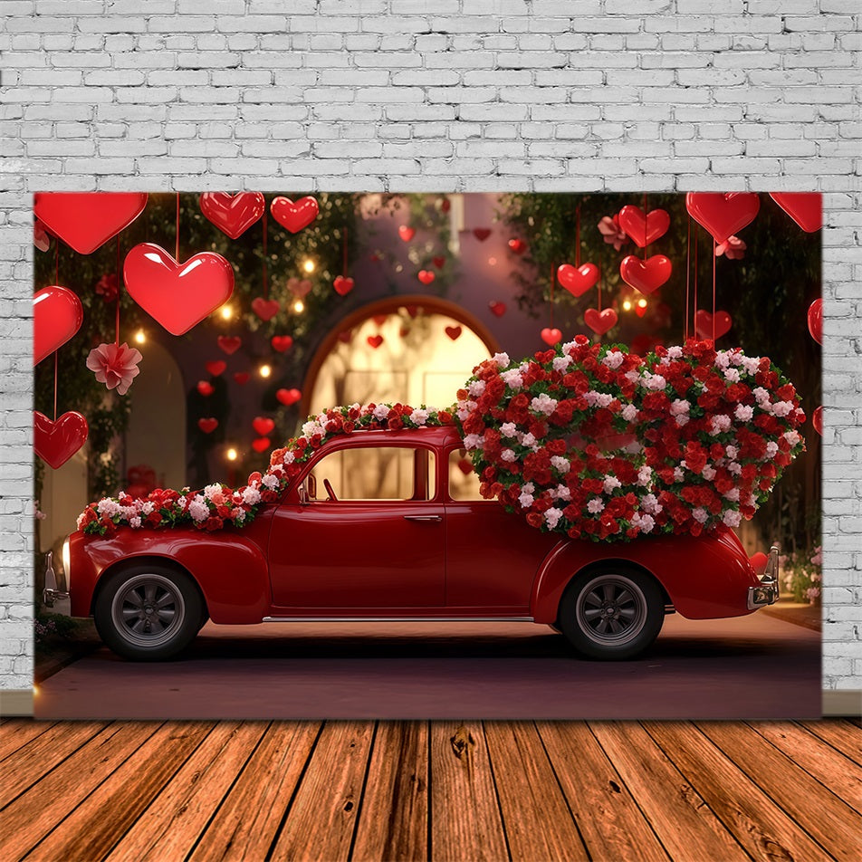 Fond pour la Saint-Valentin Voiture vintage rouge avec cœur Fond pour la Saint-Valentin MRR11-98