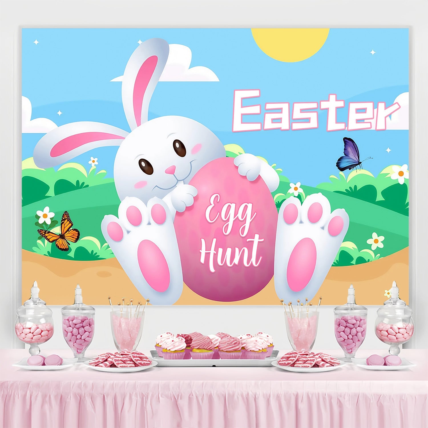 Toile de fond Déco Pâques Lapin Heureux Œuf Rose Personnalisée MRR3-128