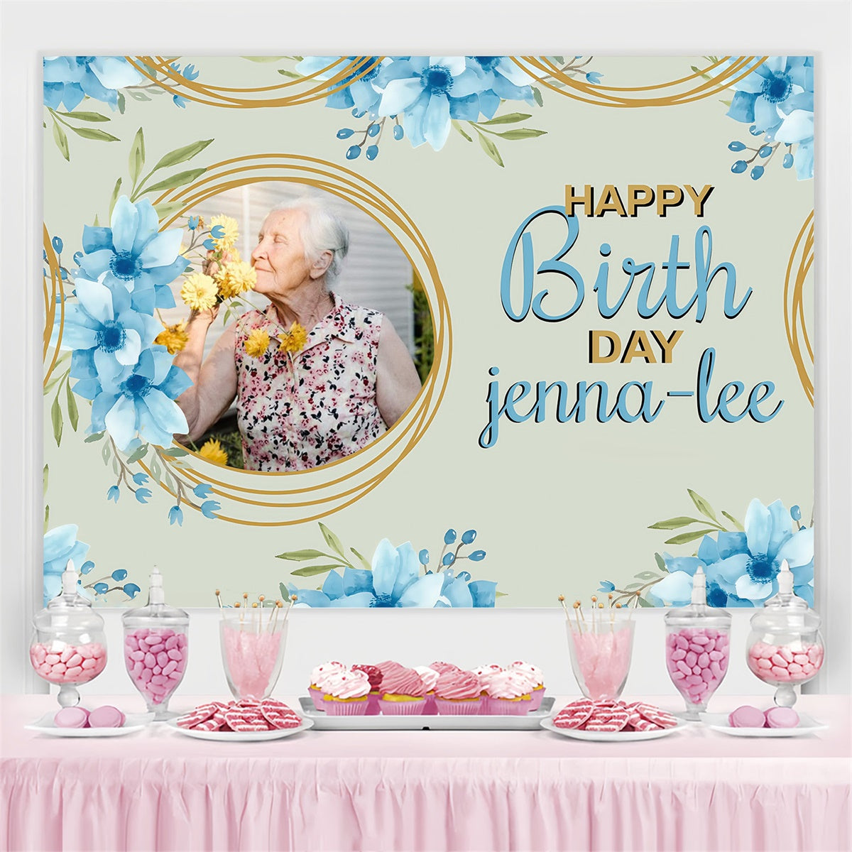 Toile de fond Deco Anniversaire Personnalisé Fleurs Bleu Doux Élégant MRR3-144