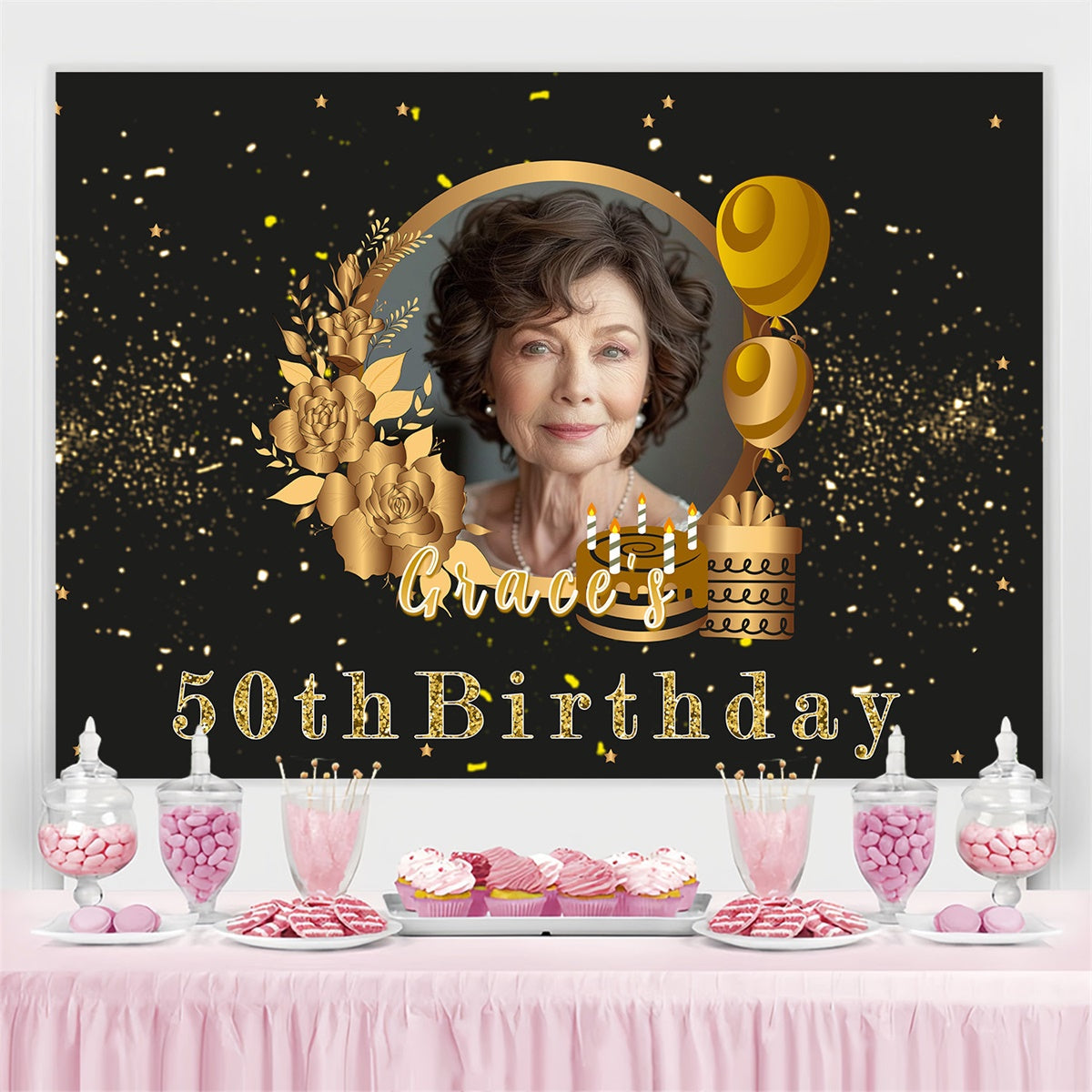 Toile de fond Deco Anniversaire Personnalisé Floral Or Chic 50ème MRR3-159