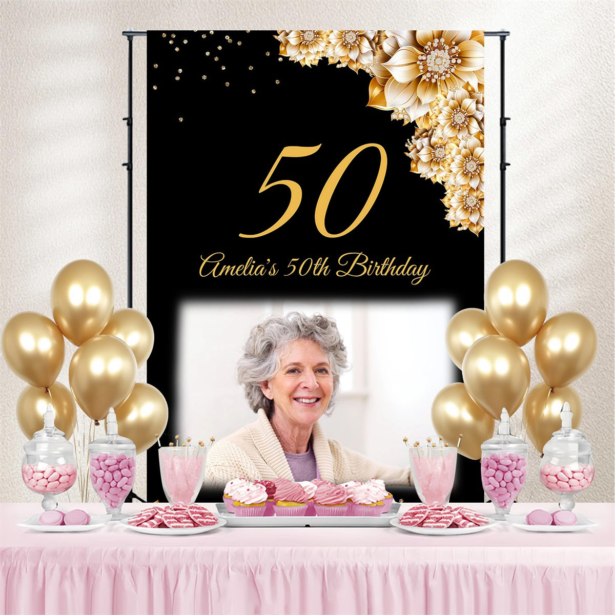 Toile de fond Anniversaire Personnalisé Fleurs Or Élégance 50ème MRR3-164