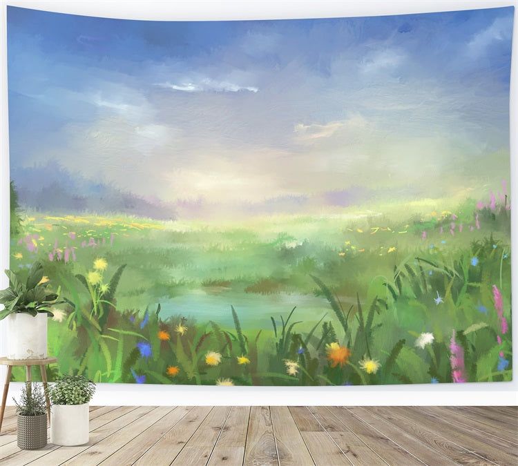 Toile de fond Fleur colorée Bleu Ciel de la peinture à l'huile RR3-04