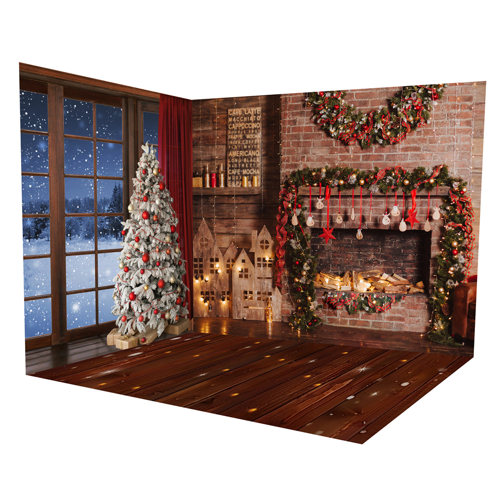 Ensemble de chambre avec arbre de Noël Fenêtre de nuit et cheminée ROOM1