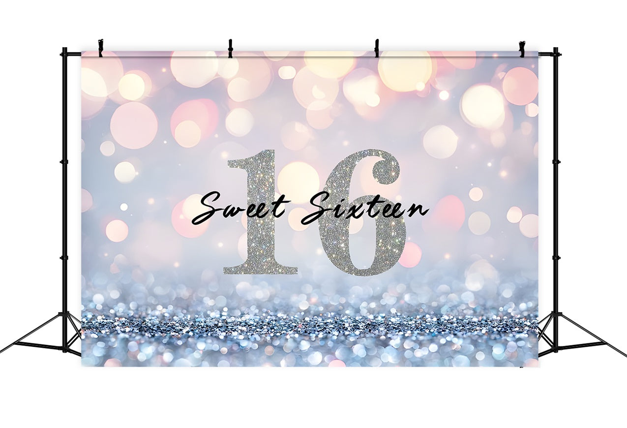 Toile de fond Anniversaire Personnalisable Glamour Argent Sweet Sixteen RR1-10