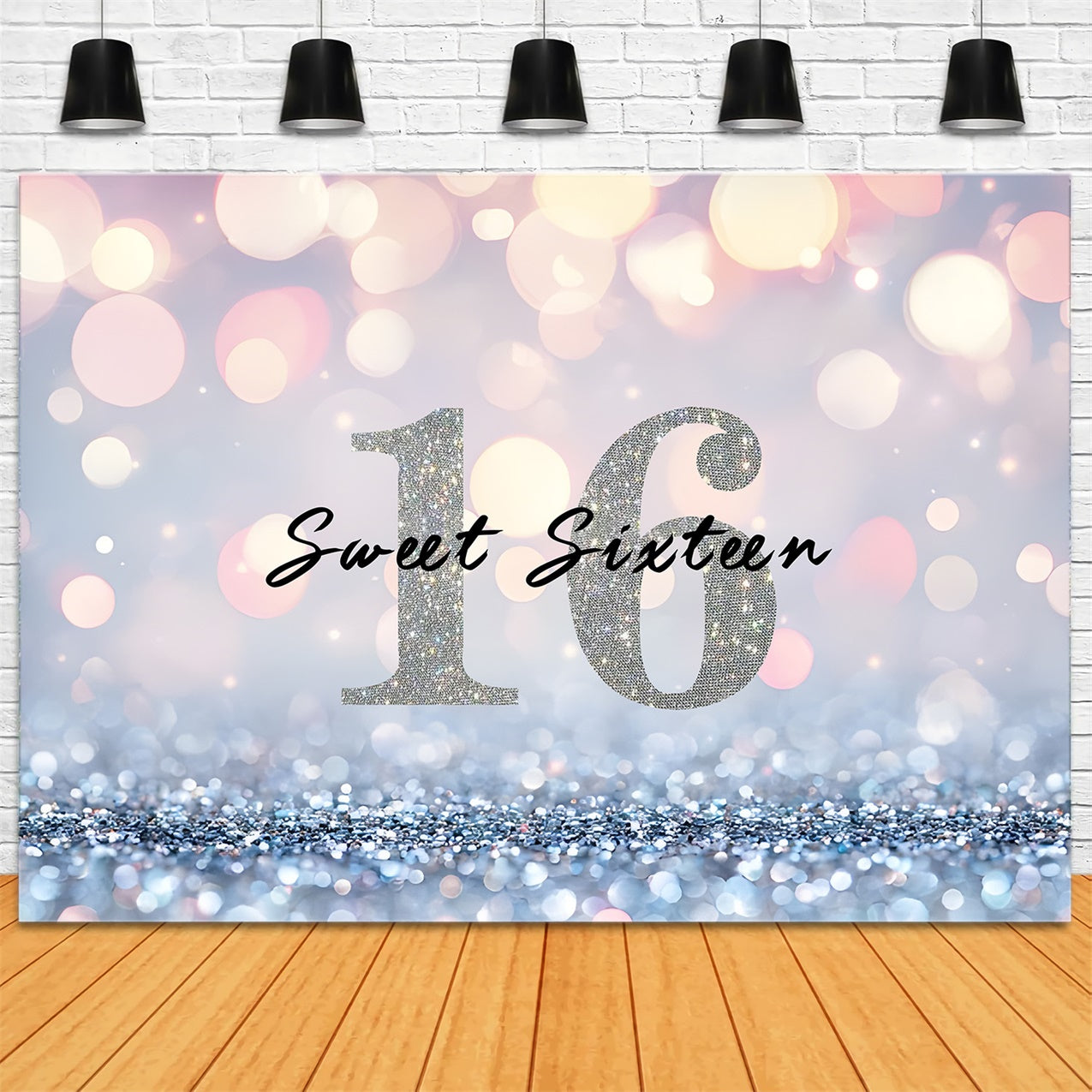 Toile de fond Anniversaire Personnalisable Glamour Argent Sweet Sixteen RR1-10