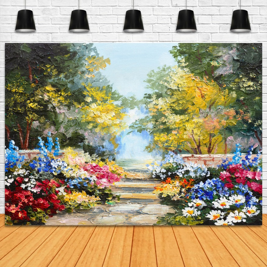 Peinture à l'huile Fleurs autour d'un sentier boisé Belle Toile de fond RR3-05