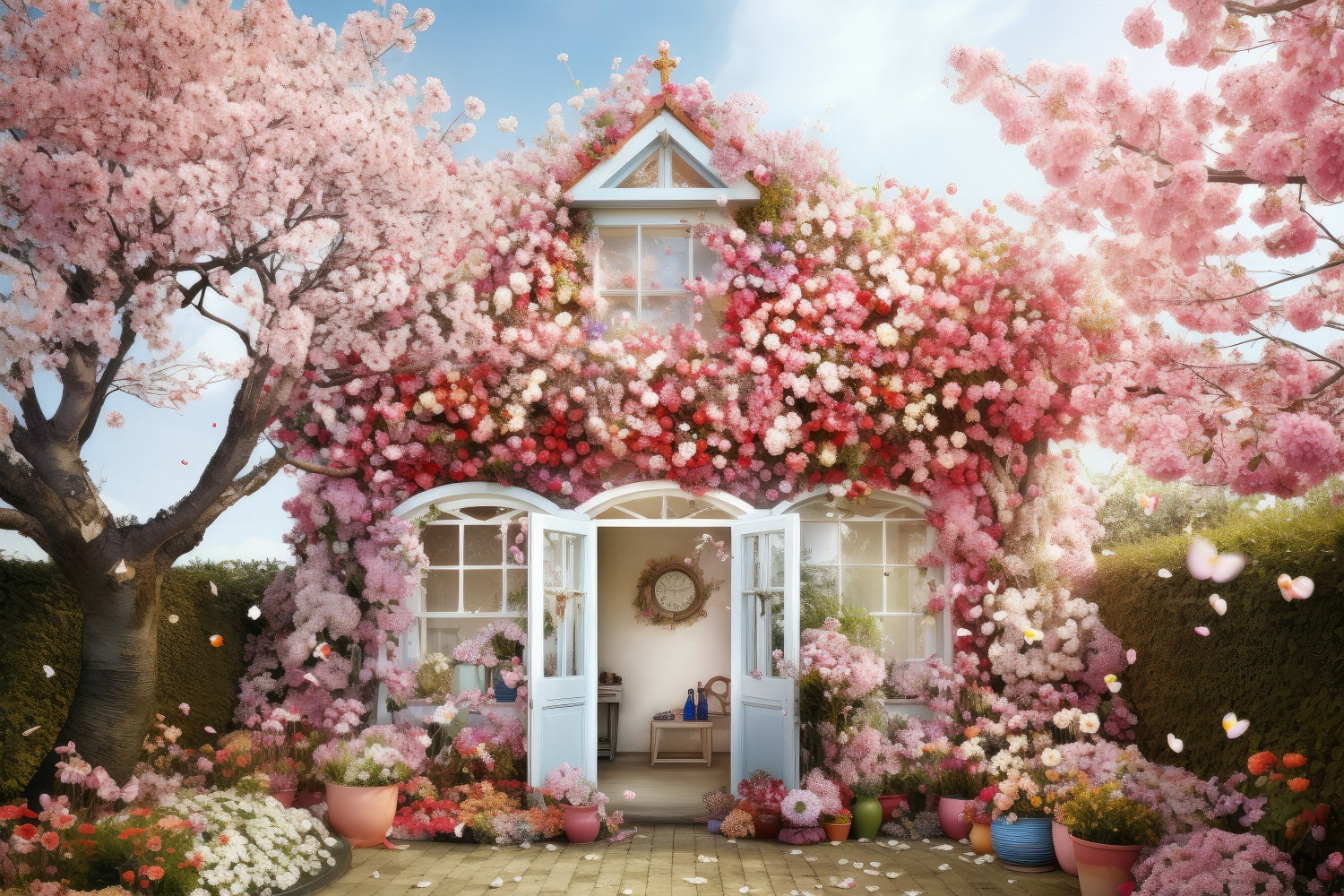 Toile de fond pour maison romantique avec cerisiers en fleurs RR3-15