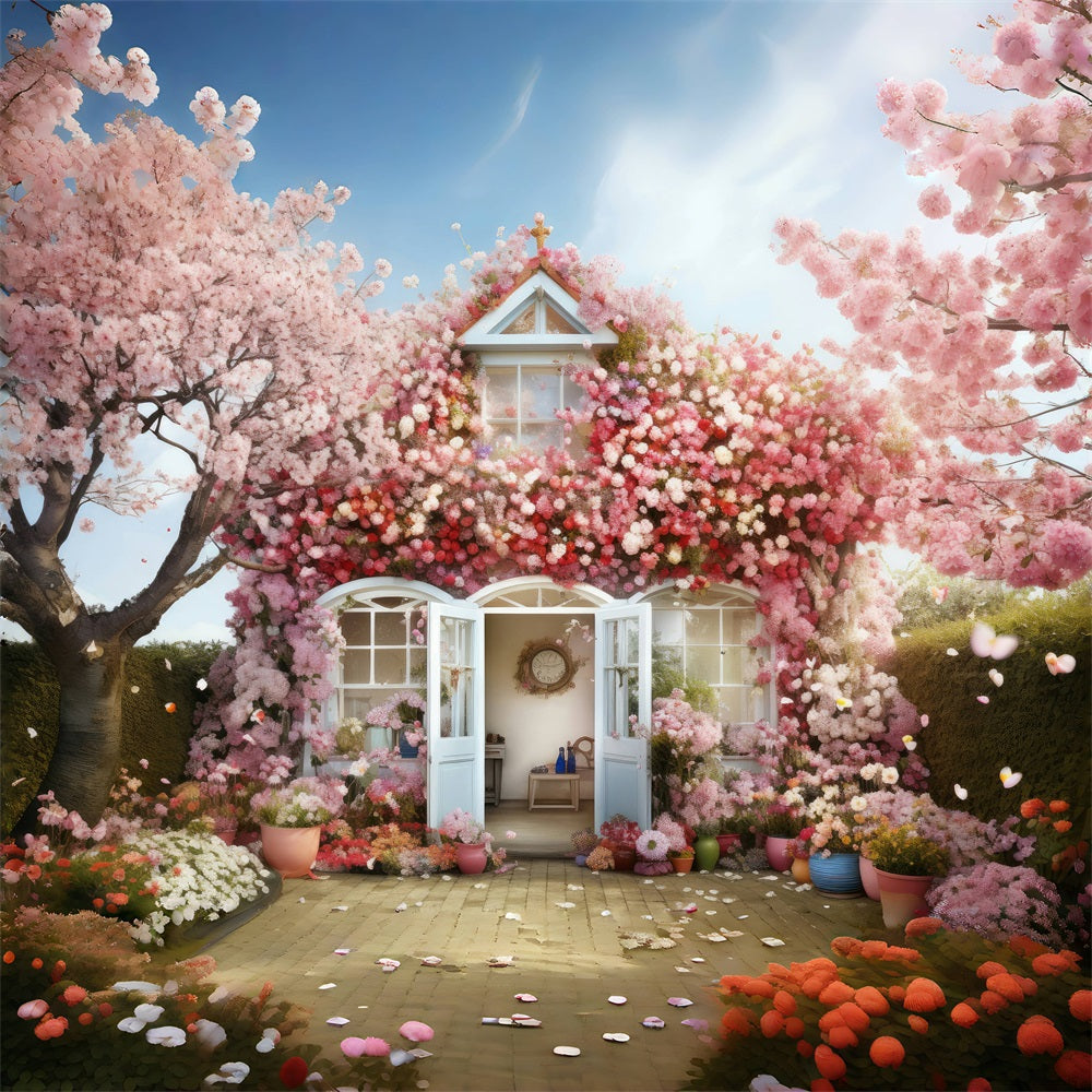 Toile de fond pour maison romantique avec cerisiers en fleurs RR3-15