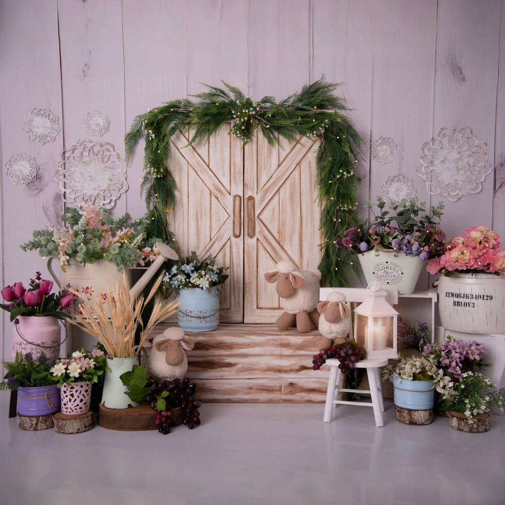 Toile de fond pour porte en bois blanc avec fleurs et verdure RR3-21