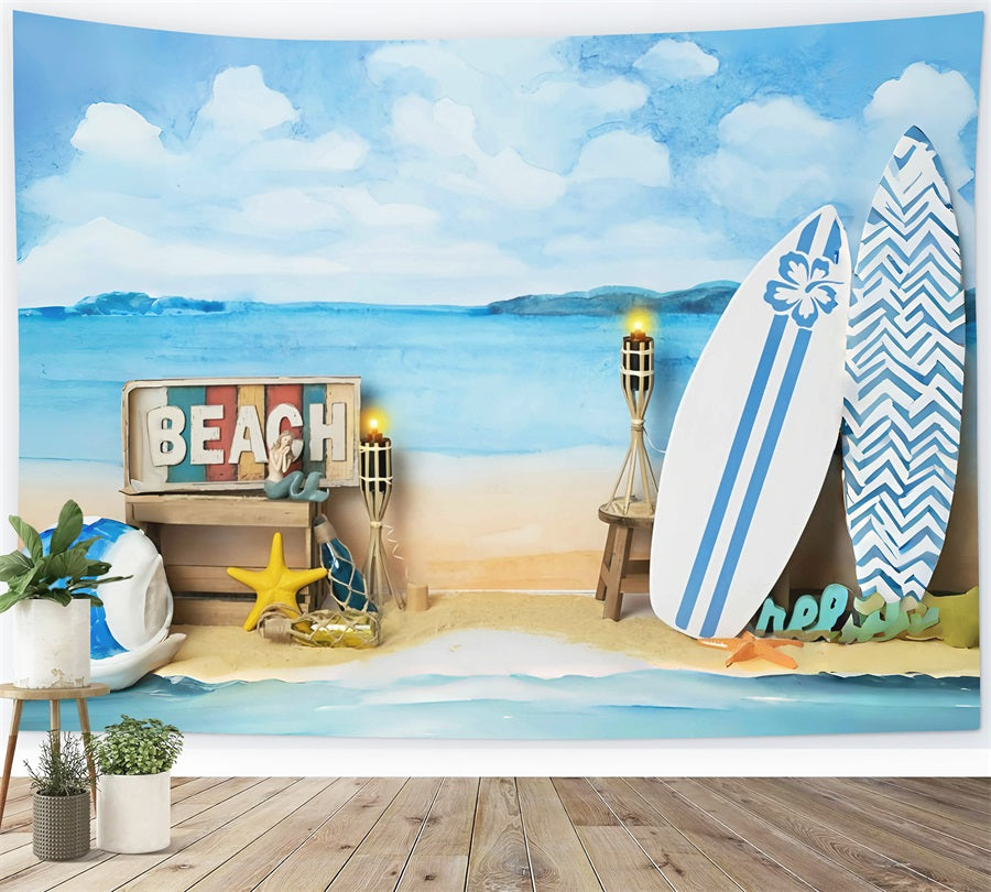 Toile de fond estivale Mer Plage Bleu Ciel Blanc Nuages Thème Surf RR3-29