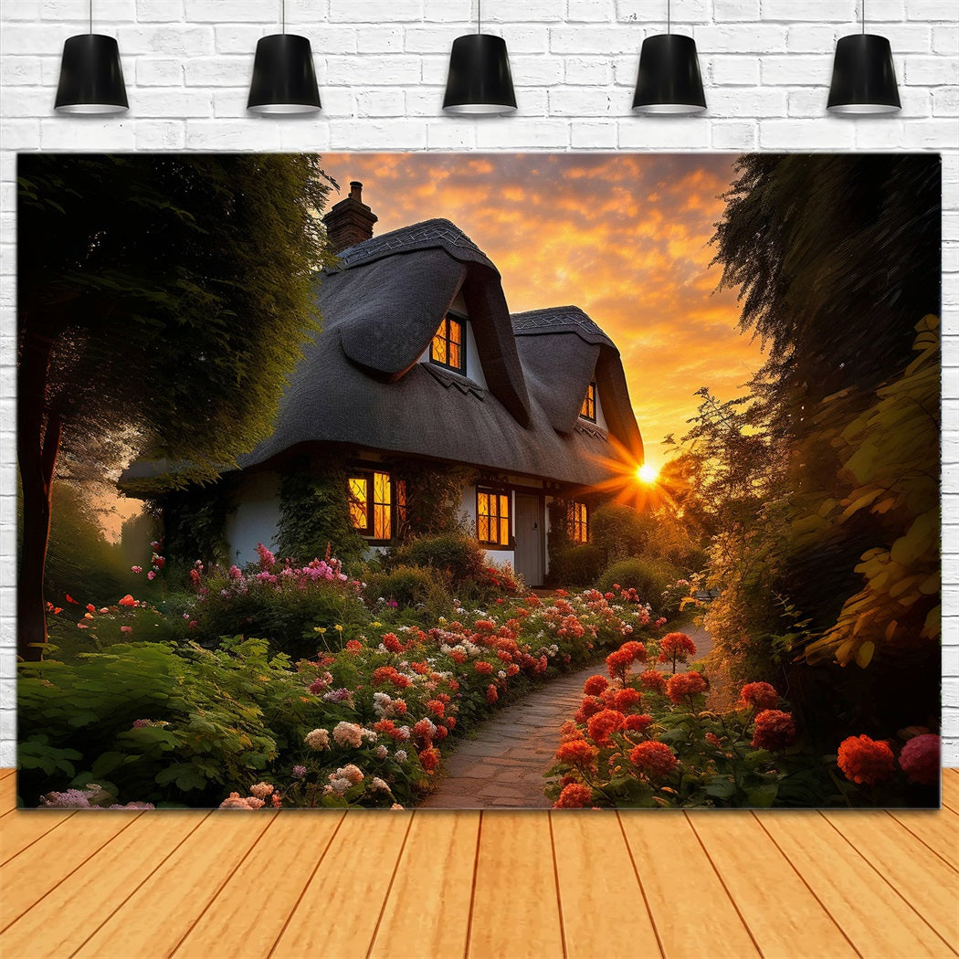 Toile de fond Route Fleurie Coucher de Soleil Cabane Romantique RR3-30
