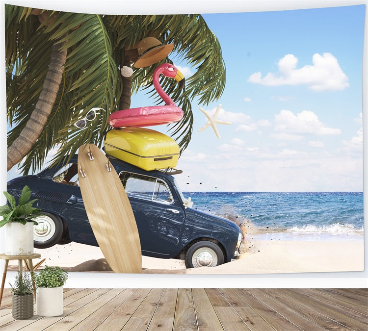Esthero Plage d'été Cocotier Voiture Flamingo Natation Anneau Toile de fond RR3-41