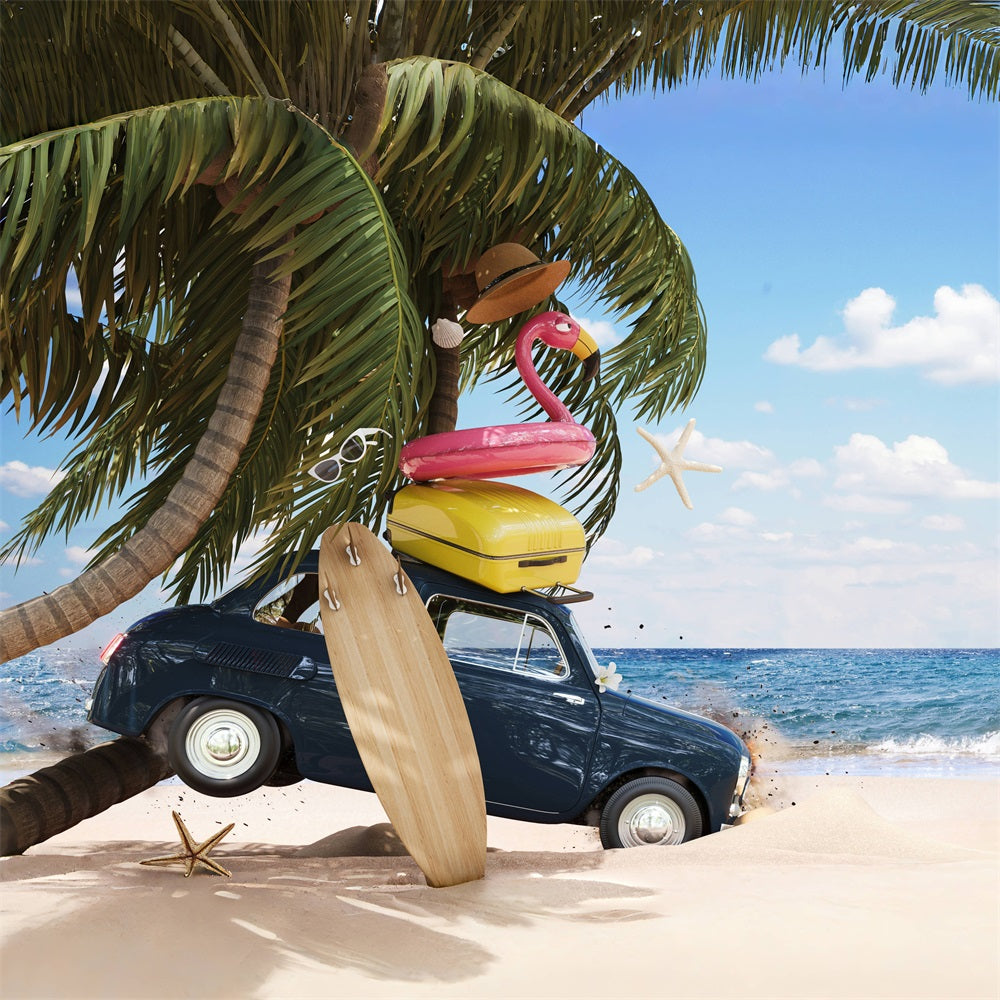 Esthero Plage d'été Cocotier Voiture Flamingo Natation Anneau Toile de fond RR3-41