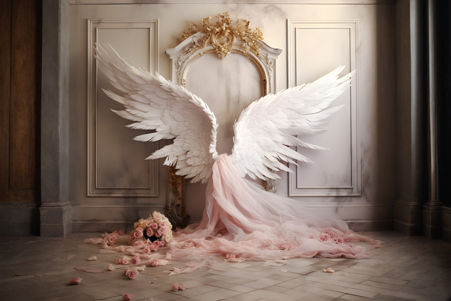 Toile de fond Rose vintage murale Ailes d'ange élégantes Tulle Rose RR4-19