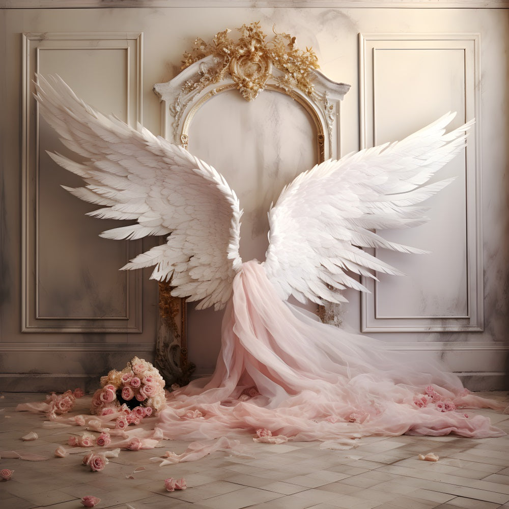 Toile de fond Rose vintage murale Ailes d'ange élégantes Tulle Rose RR4-19
