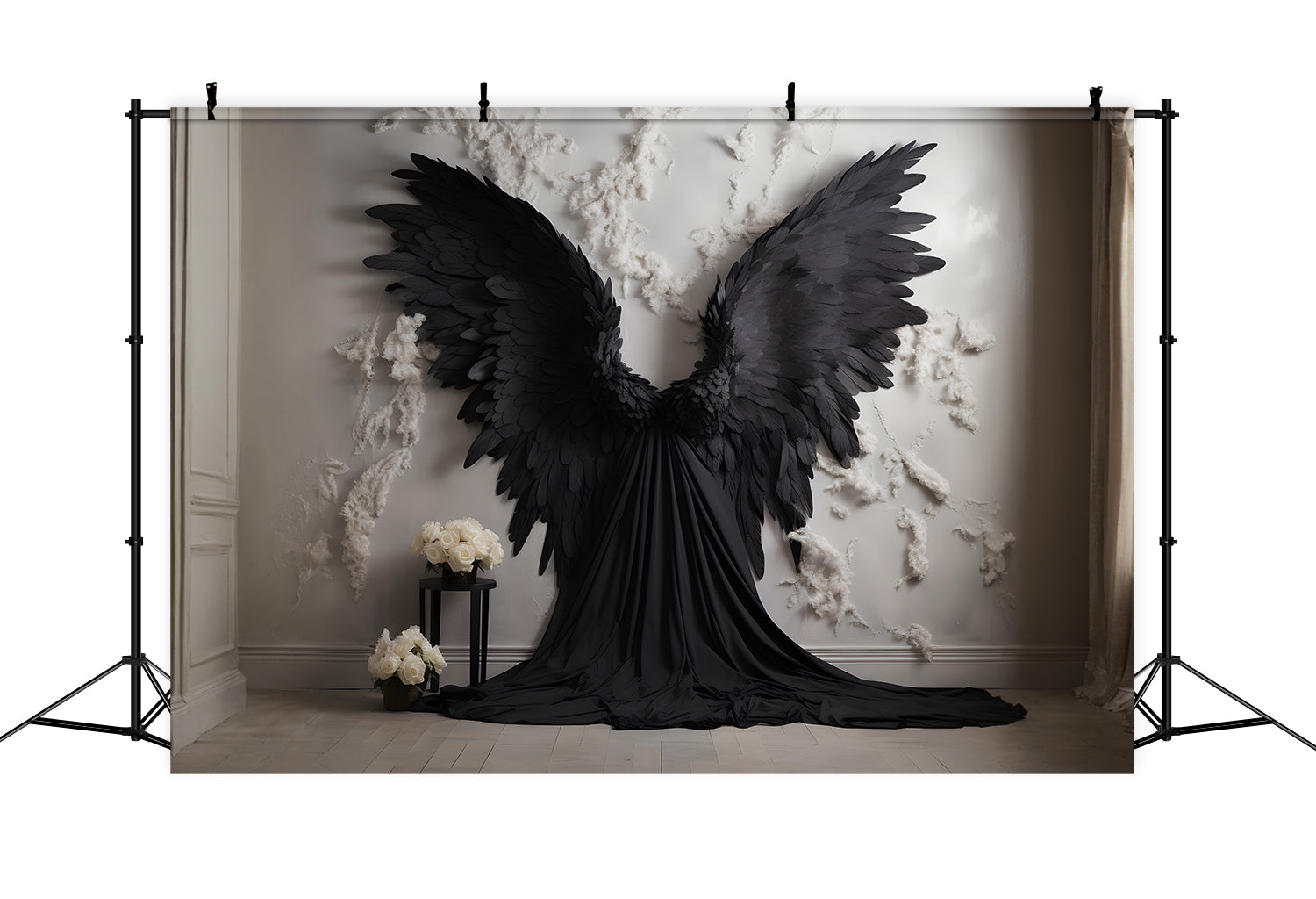 Esthero Mur blanc Ailes noires Rose blanche Toile de fond RR4-32