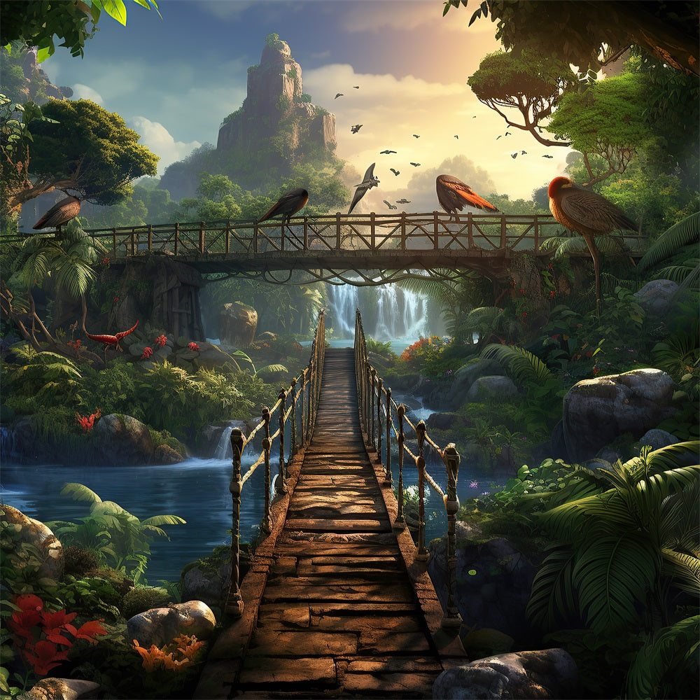 Esthero Toile de fond Pont Suspendu avec Oiseaux de la Forêt Mystique RR4-45