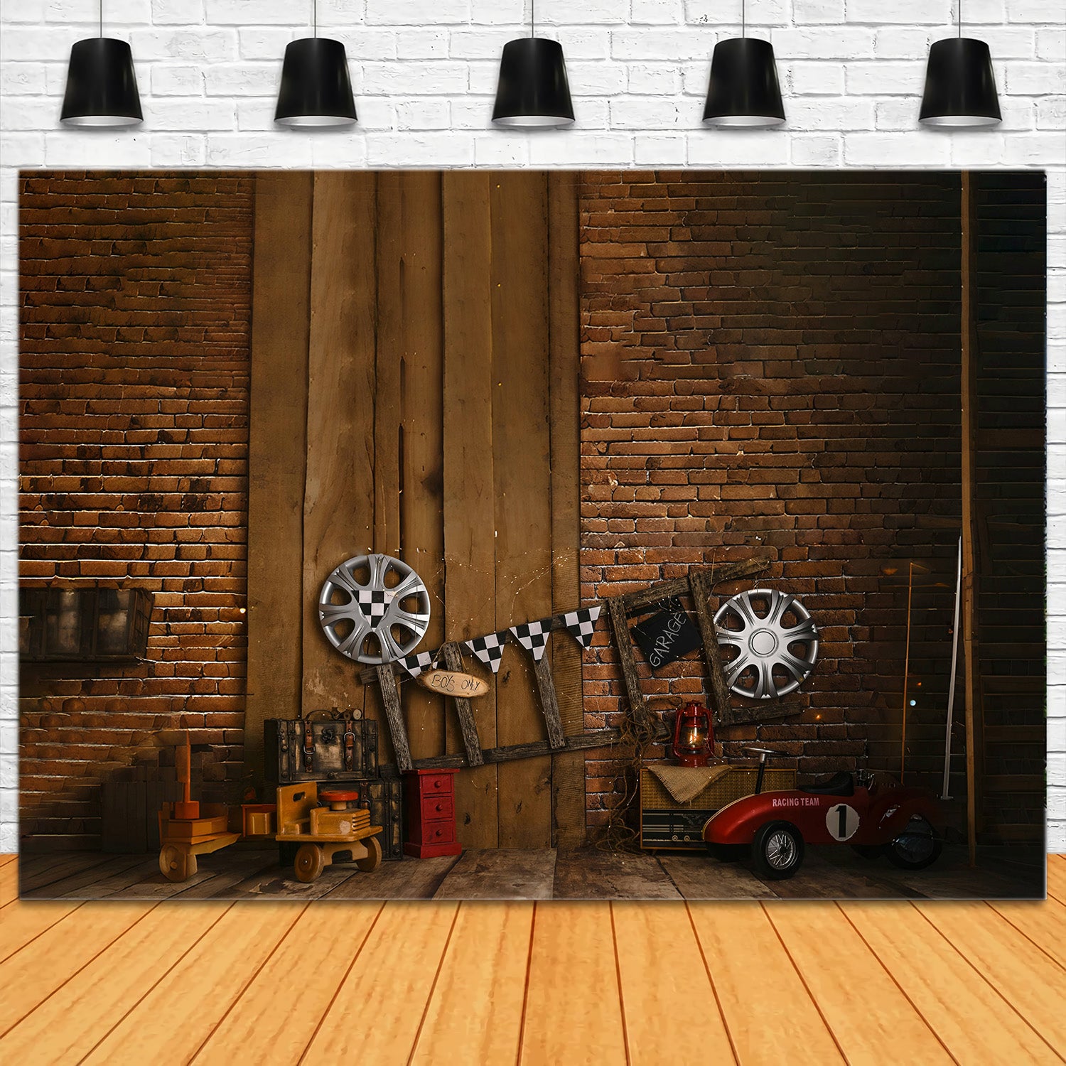 Toile de Fond Mur de Briques Vintage Échelle et Pneu de Course RR5-1