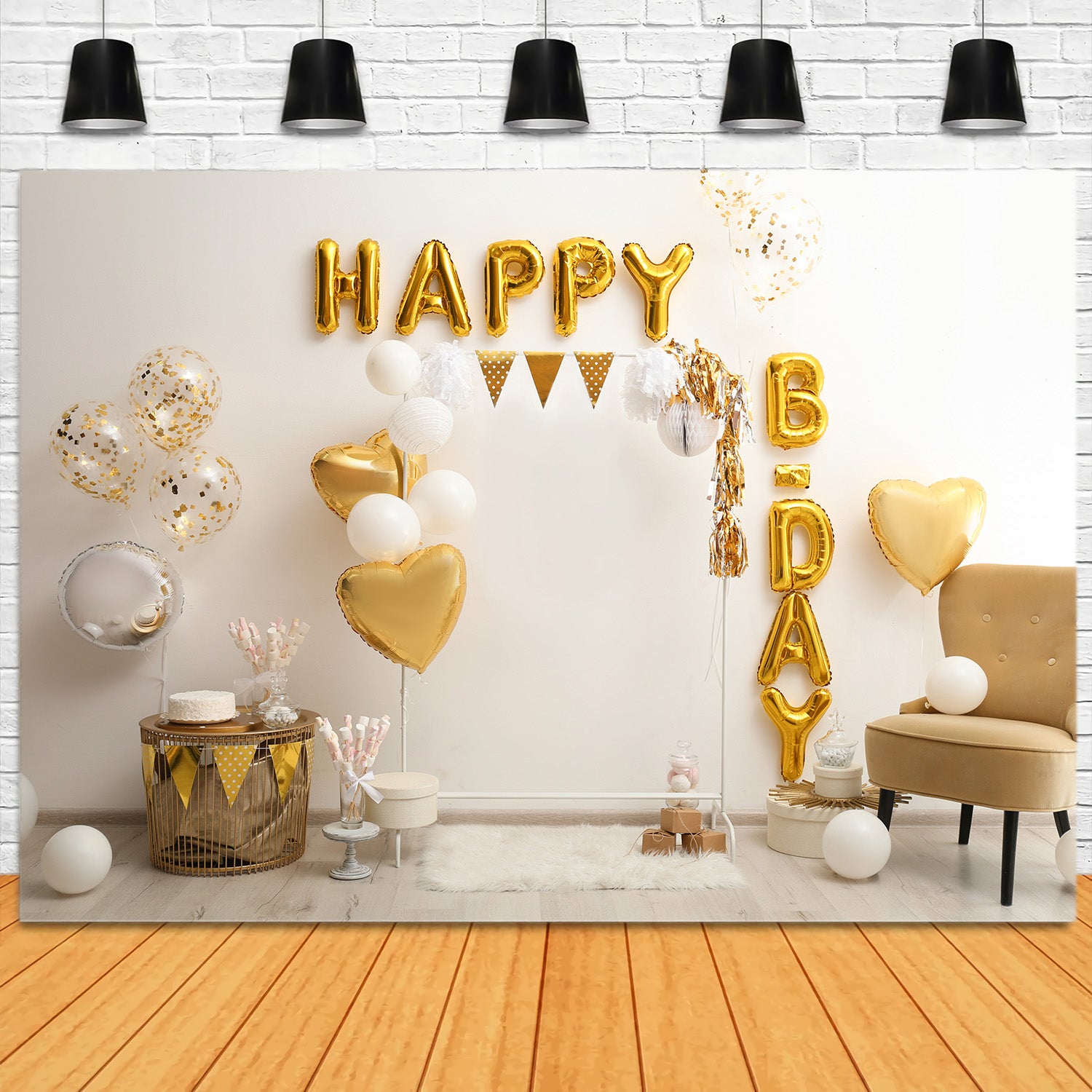 Toile de Fond Décoration de Fête d'Anniversaire avec Ballons Dorés RR5-32