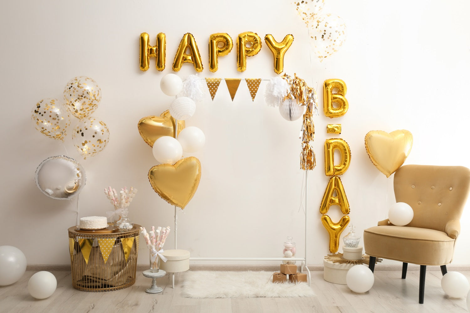 Toile de Fond Décoration de Fête d'Anniversaire avec Ballons Dorés RR5-32