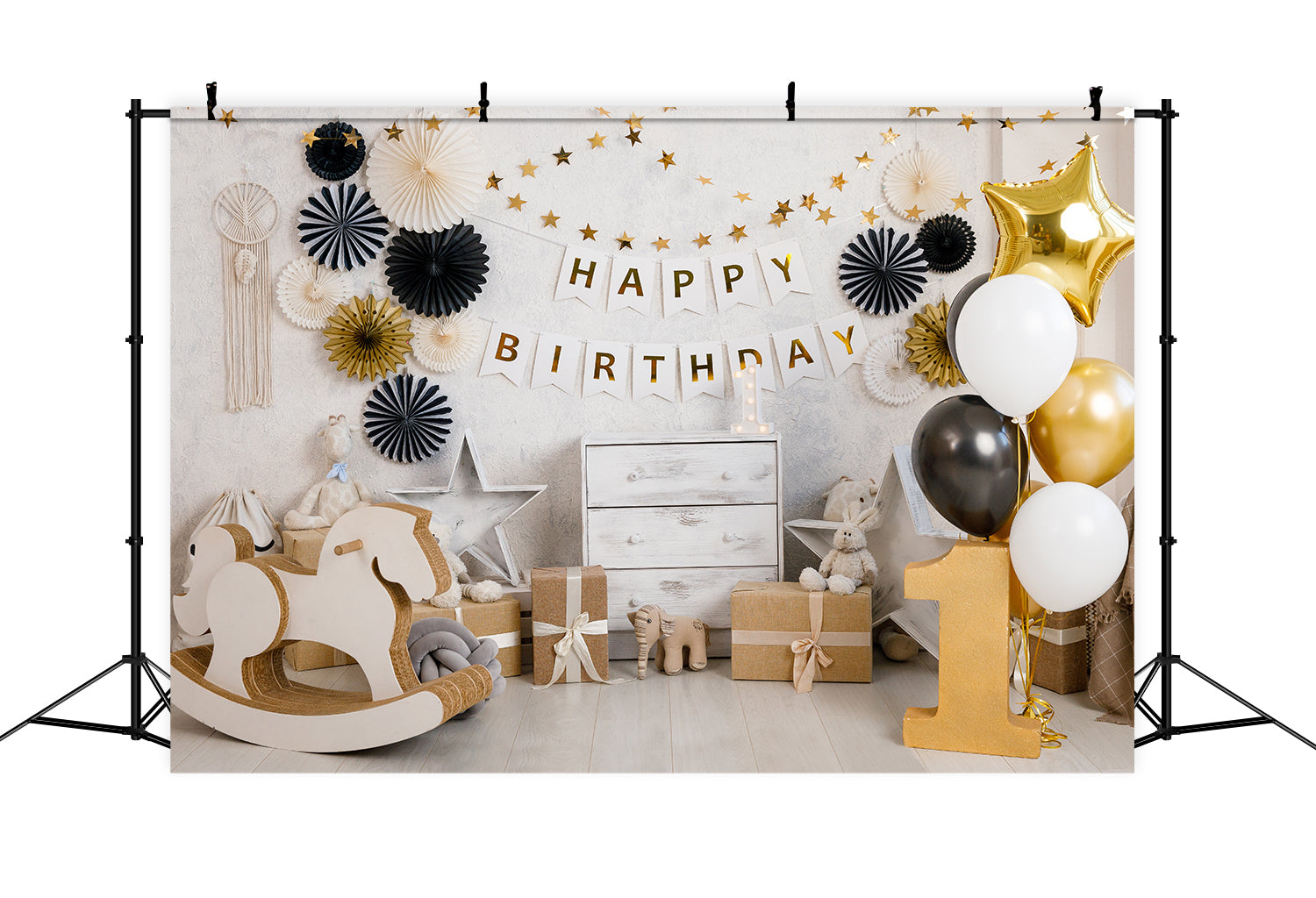 Toile de Fond pour 1er Anniversaire avec Ballons Dorés RR5-35