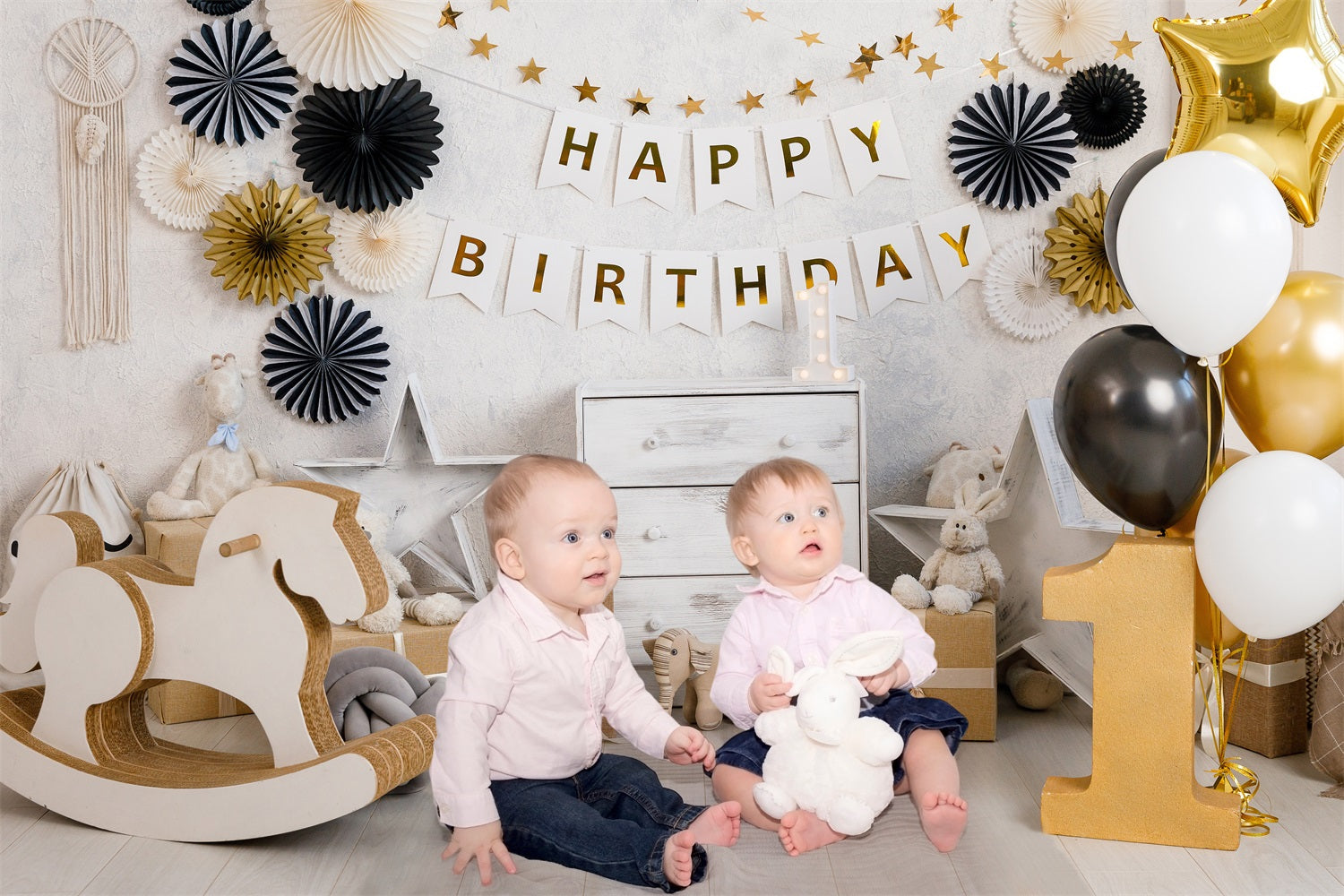 Toile de Fond pour 1er Anniversaire avec Ballons Dorés RR5-35